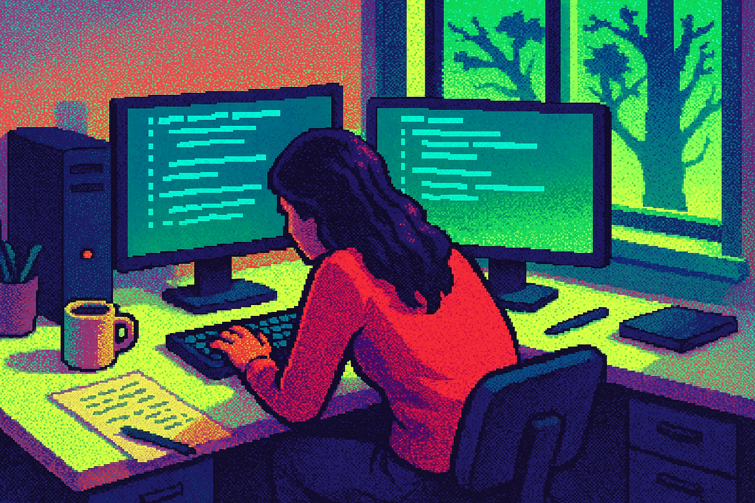 Pixel-art illustration: In a bustling open-plan office filled with the clatter of keyboards and scribbling pens, a developer leans over her desk, intently examining the layers of code on her dual monitors, while outside the window, shadows of trees seem to sway in a breeze that doesn't touch the still branches below.
