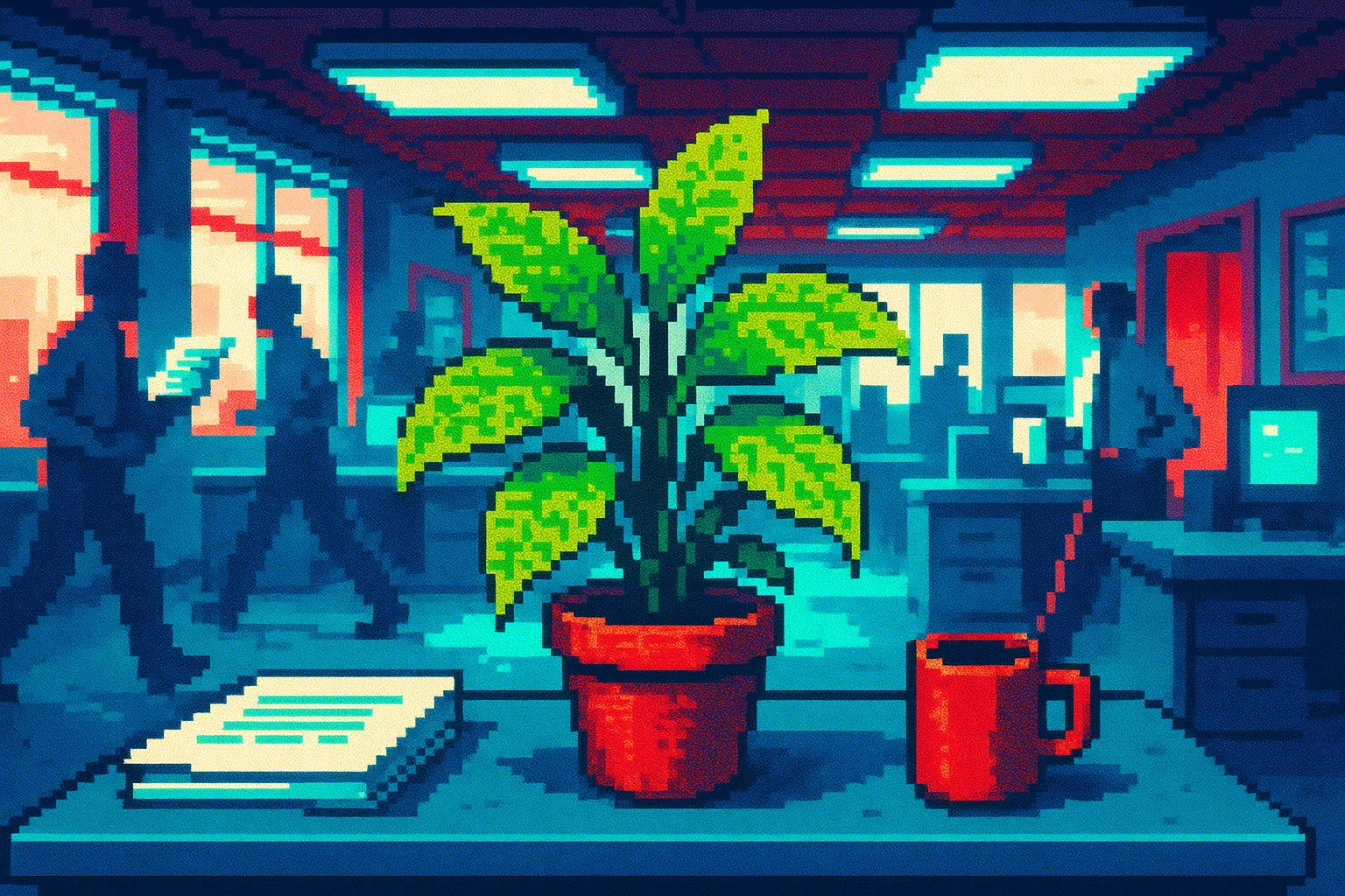 Pixel-art illustration: In a brightly lit, bustling newsroom, where journalists scurry past with papers and coffee cups, a lone, seemingly ordinary office plant sits atop a desk; yet its leaves inexplicably bear faint, shifting text — a watermark only visible out of the corner of one's eye, whispering of the myriad algorithms that once skimmed its verdant pages.