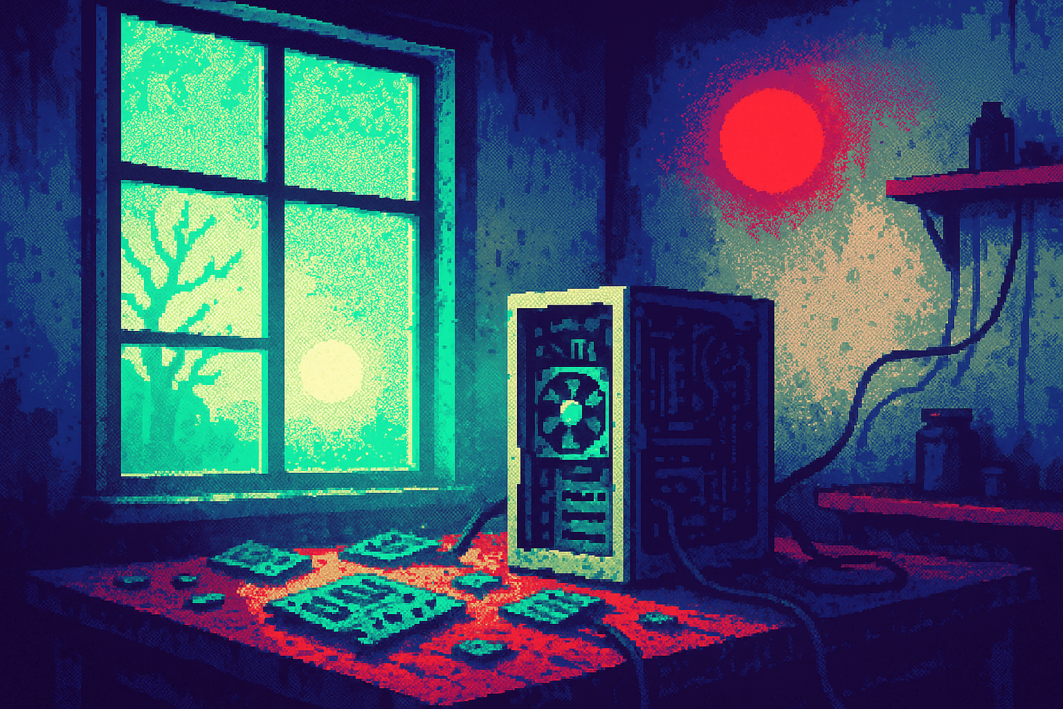 Pixel-art illustration: Sunlight filters through a grimy window into a cluttered workshop, where a dismantled server tower lies among scattered circuit boards and cables; beyond the window, an eerie second sun casts a shadowless glow, creating an unsettling imbalance in the room.
