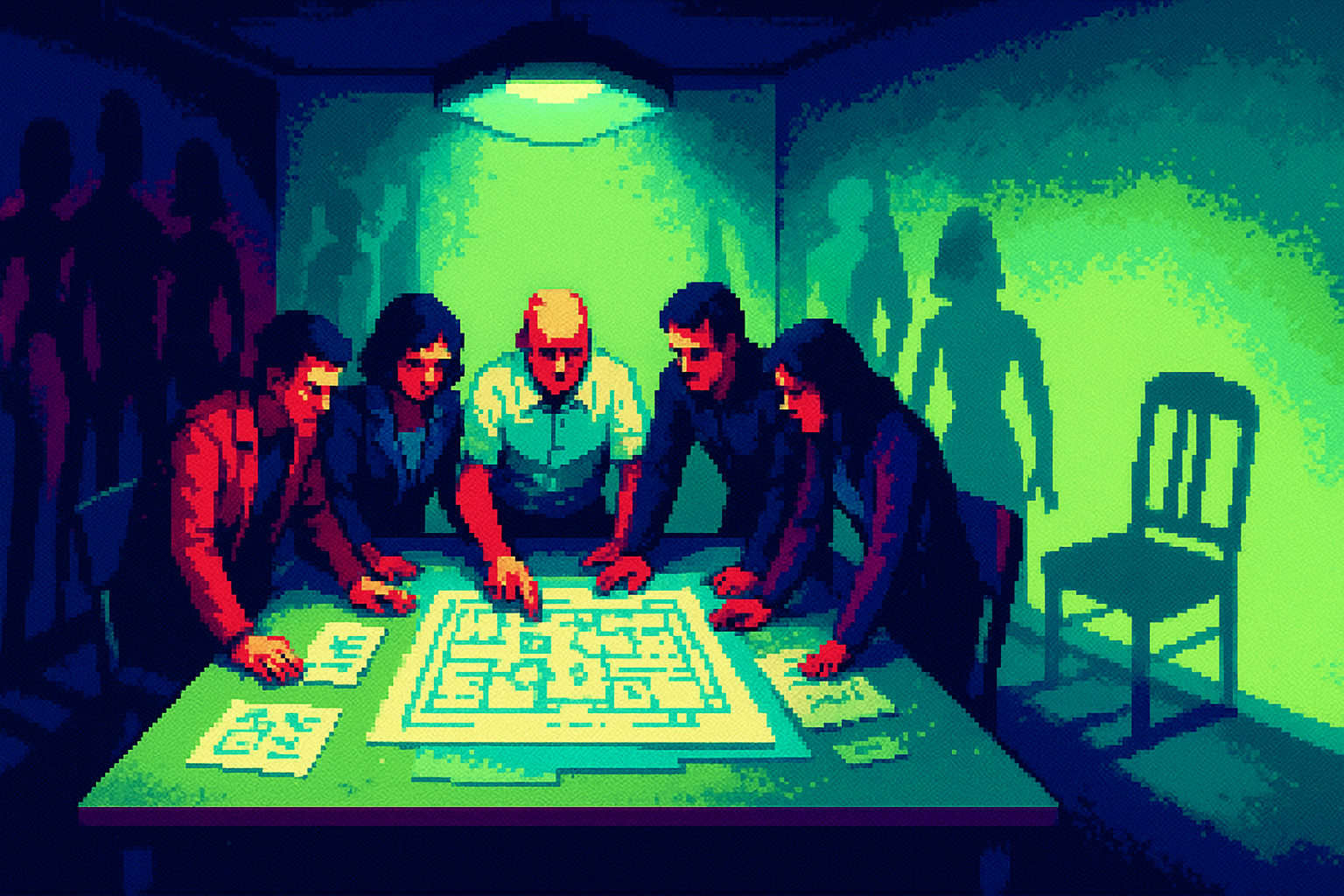 Pixel-art illustration: In a starkly lit conference room, five team members huddle over a table scattered with blueprints and sketches, each person's shadow on the wall is distorted and elongated by the mismatched overhead lights, but the shadow of an empty chair moves slightly, as if someone were there shifting impatiently.