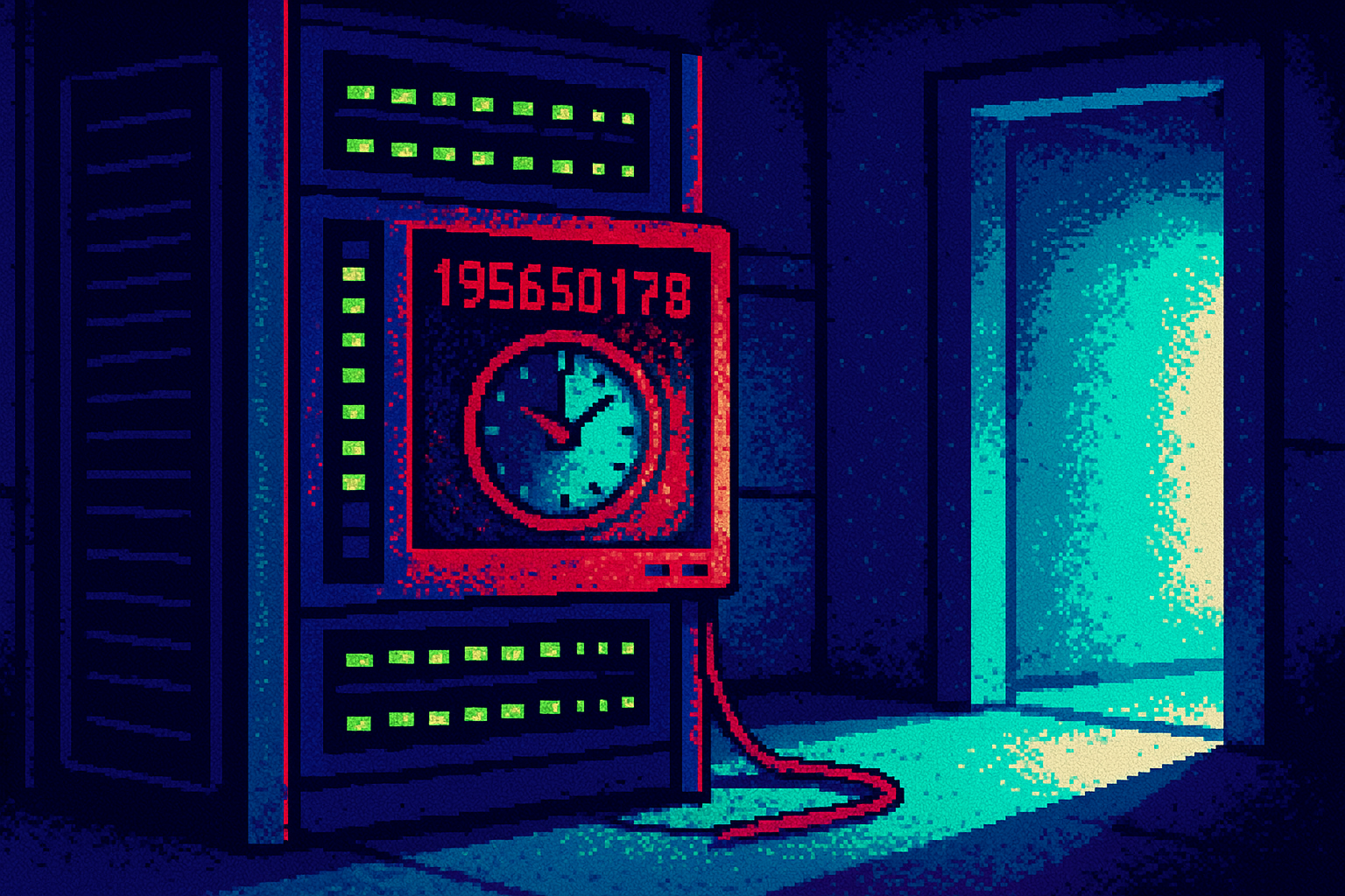 Pixel-art illustration: In a dimly lit server room, where the steady hum of machines fills the air, a rack of servers displays green lights that blink reassuringly, all except for one screen that flickers intermittently with numbers climbing impossibly high, spiraling into a clock that ticks backward, shrouding the room in an eerie sense of something just beyond comprehension.