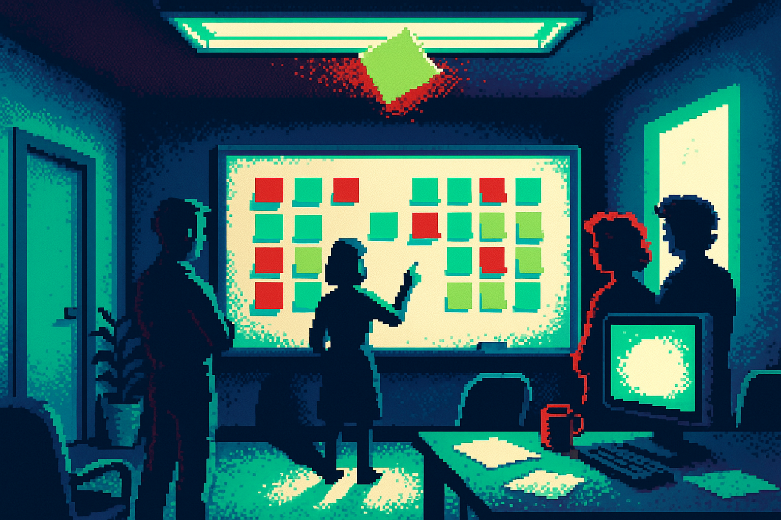 Pixel-art illustration: Inside a bustling design studio, a team gathers around a large, whiteboard filled with colorful sticky notes, each representing a feature or user insight; amidst the brainstorming frenzy, a single sticky note slowly peels off the board and hovers midair, suspended like an unmoored thought in a space unclaimed by gravity, casting its shadow not on the floor but impossibly across the ceiling.