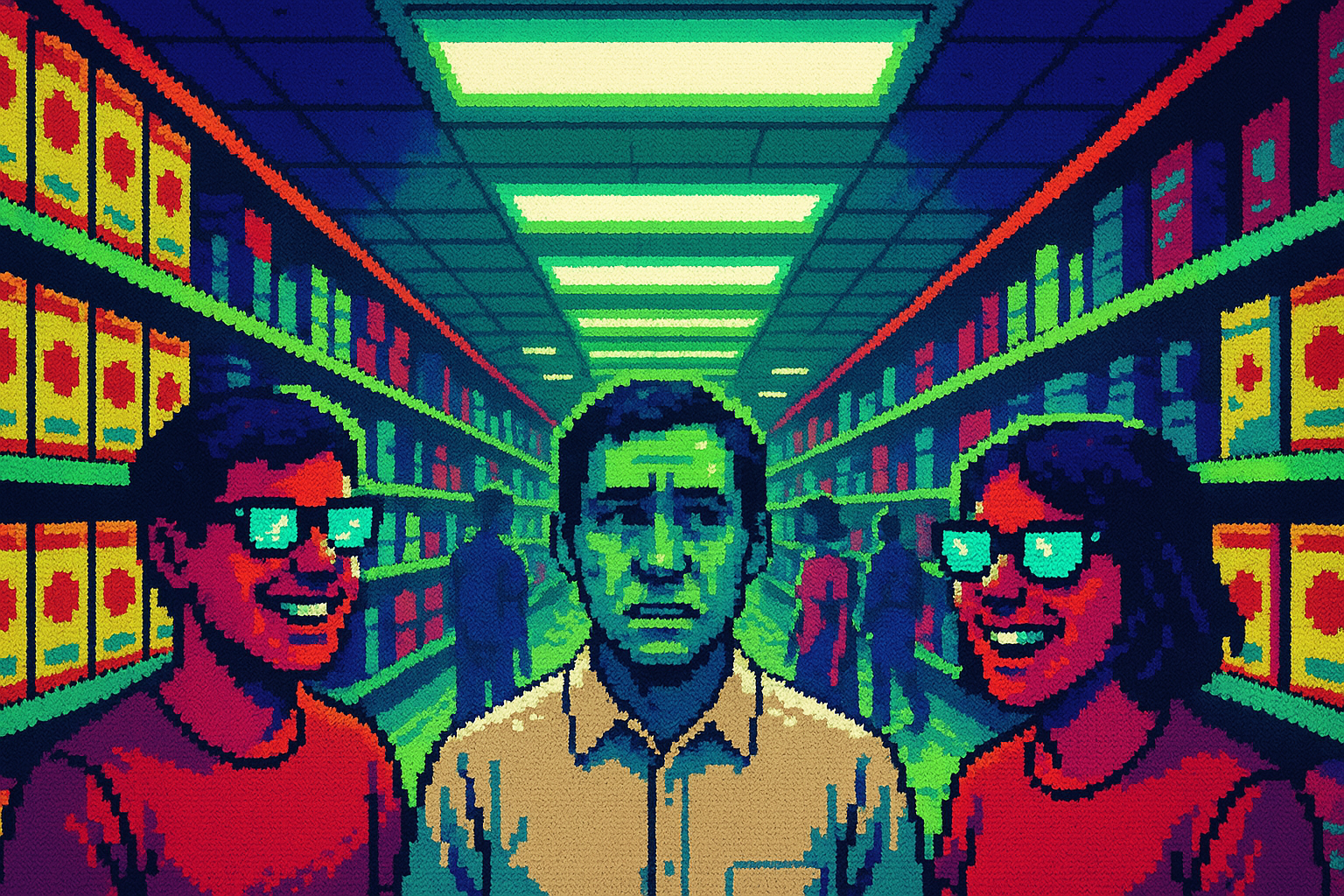 Pixel-art illustration: In the fluorescent-lit aisles of a bustling Target, Toru Hinkle stands amid rows of neatly stacked cereal boxes, his gaze flickering nervously between two giggling customers, each donning sleek Ray-Ban smart glasses, while above them, an unblemished patch of ceiling reflects a seemingly endless loop of the store — shelves and shoppers repeating in an impossible infinity.