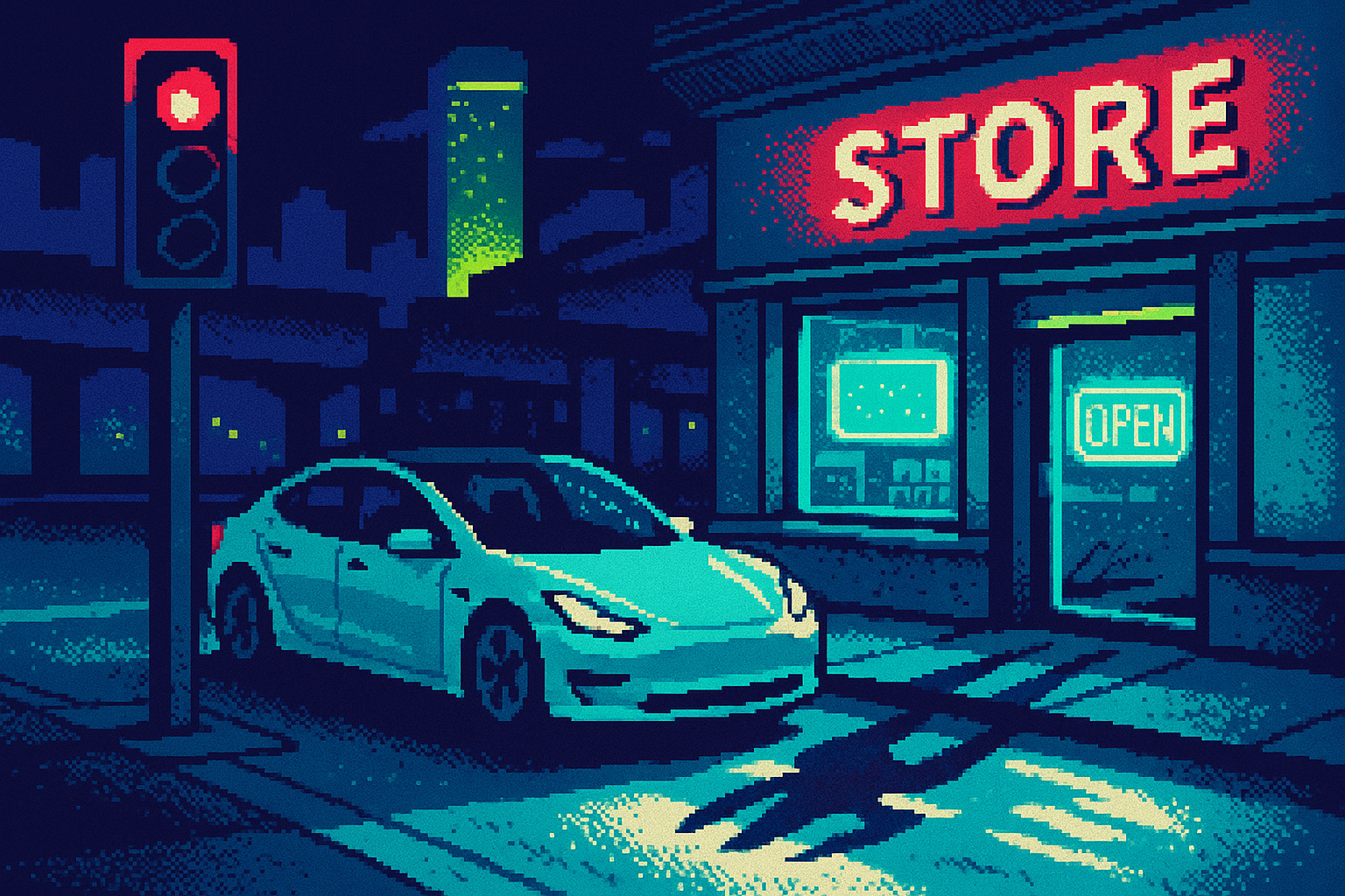 Pixel-art illustration: Under the glow of the Las Vegas Strip, a sleek, driverless Tesla pauses at a red light beside a convenience store where neon signs flicker uncertainly, casting mismatched shadows that twist and elongate into shapes that bear no relation to the cars or pedestrians moving above them.