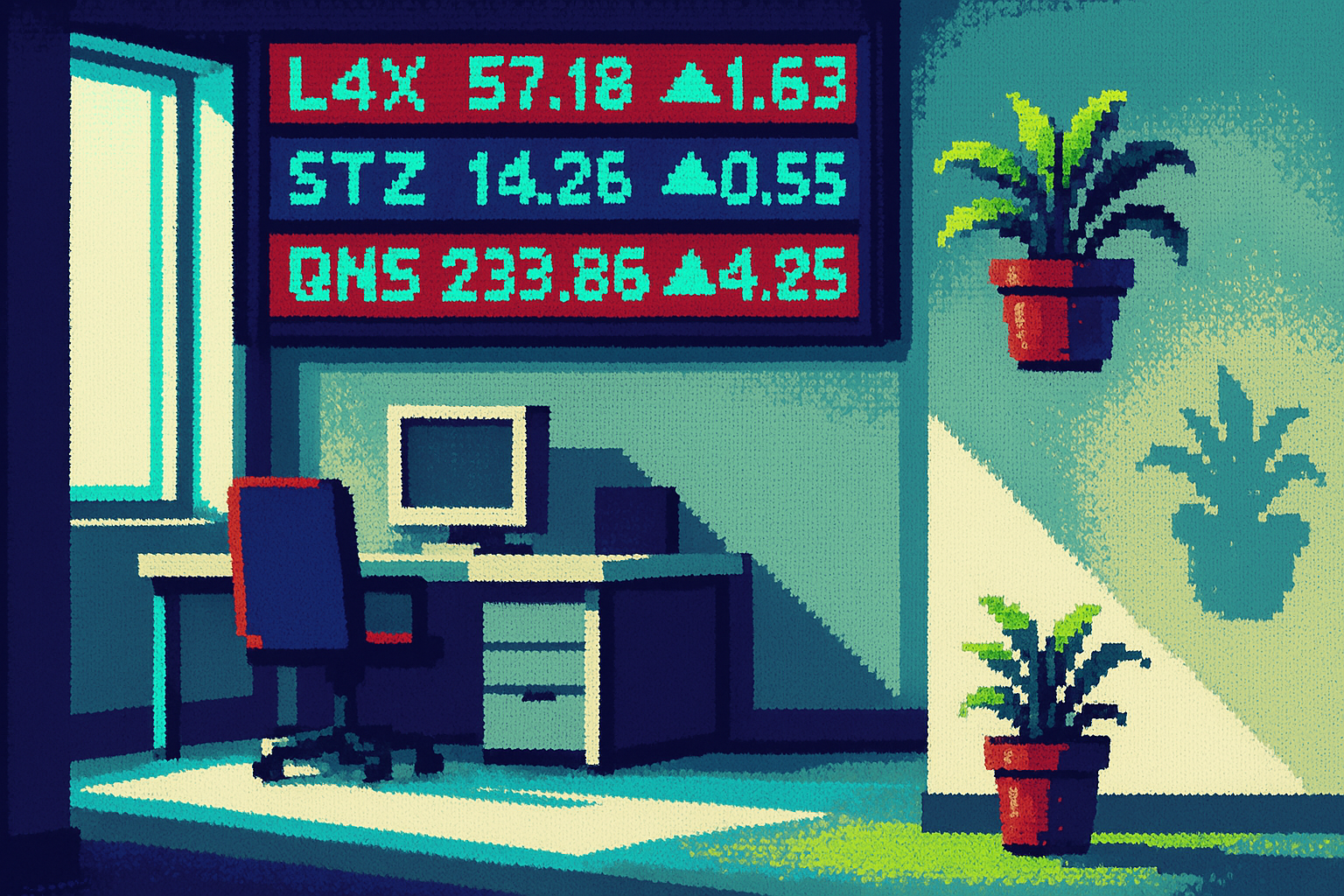 Pixel-art illustration: In the sleek, open-plan office buzzing with the hum of hushed conversations and clinking coffee mugs, a digital ticker tape rolls across the wall displaying shifting valuations of tech startups, each number glowing an impossible neon hue, while in a corner, a potted plant begins to gently drift upward, defying gravity as it hovers toward the ceiling.