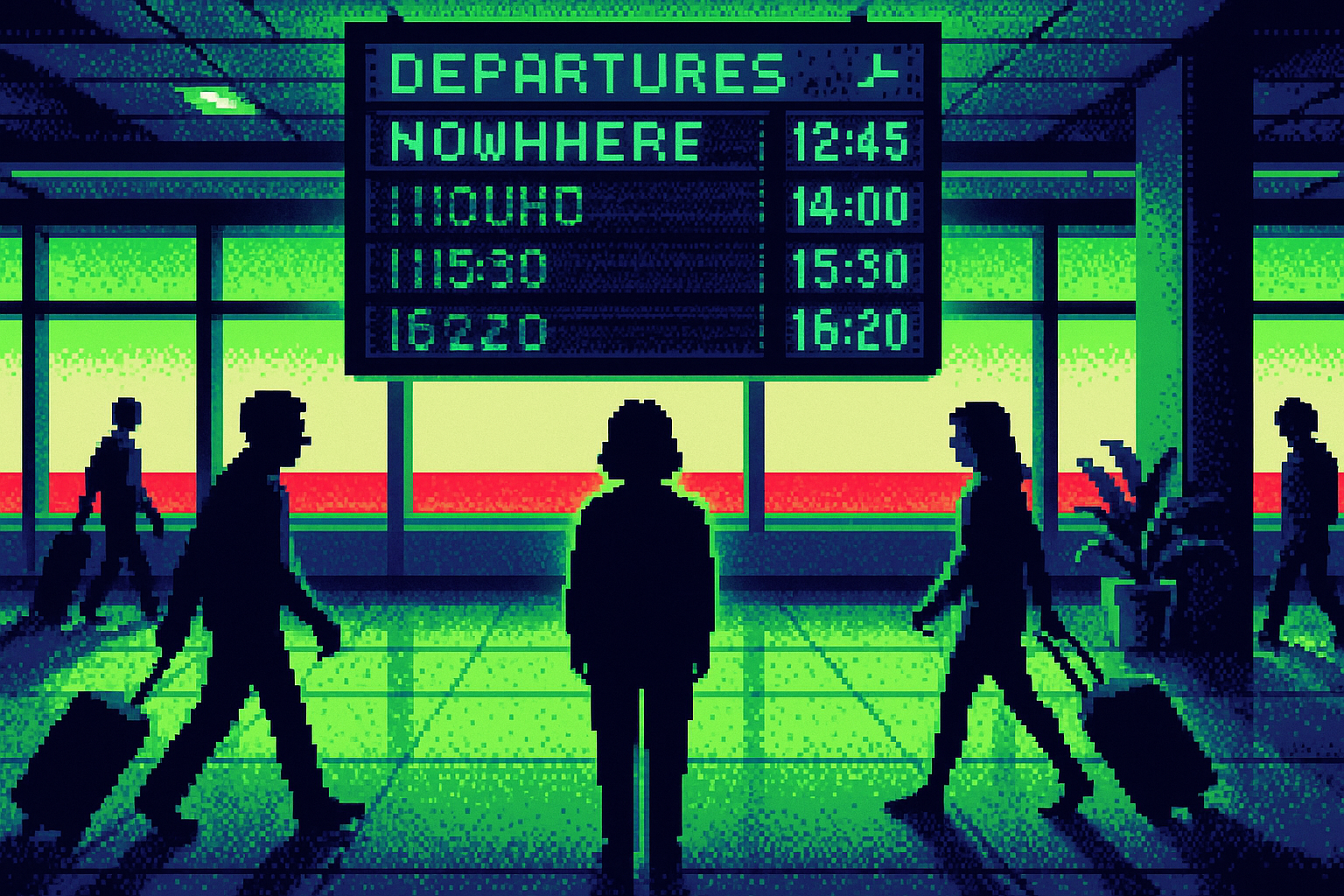 Pixel-art illustration: In a bustling airport terminal, passengers glide past a departure board displaying flight information, but among the flickering updates, one destination scrolls endlessly as "Nowhere," casting an uneasy glow over travelers who can't seem to notice the unusual glitch.