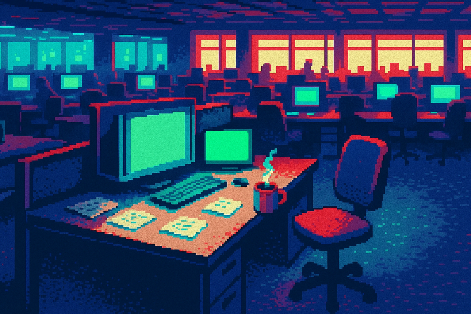 Pixel-art illustration: In a bustling open-plan office filled with the hum of focused engineers, one solitary desk stands out with scattered notes and glowing screens, its chair mysteriously absent — yet the steaming cup of coffee perched on the edge remains untouched, a silent witness to a workflow transformed.