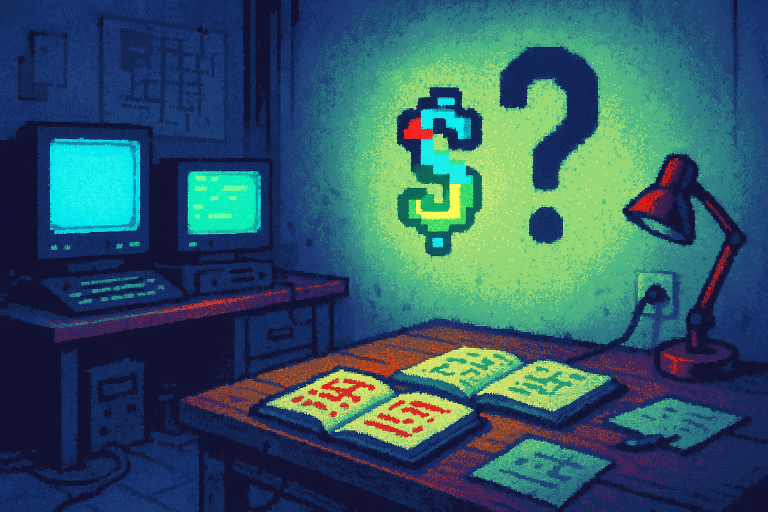 Pixel-art illustration: In a dimly lit workshop cluttered with monitors and open sketchbooks, a prototype design component hovers mid-air, flickering between colors and shapes, while its shadow on the wall remains unnervingly static in the shape of a question mark.