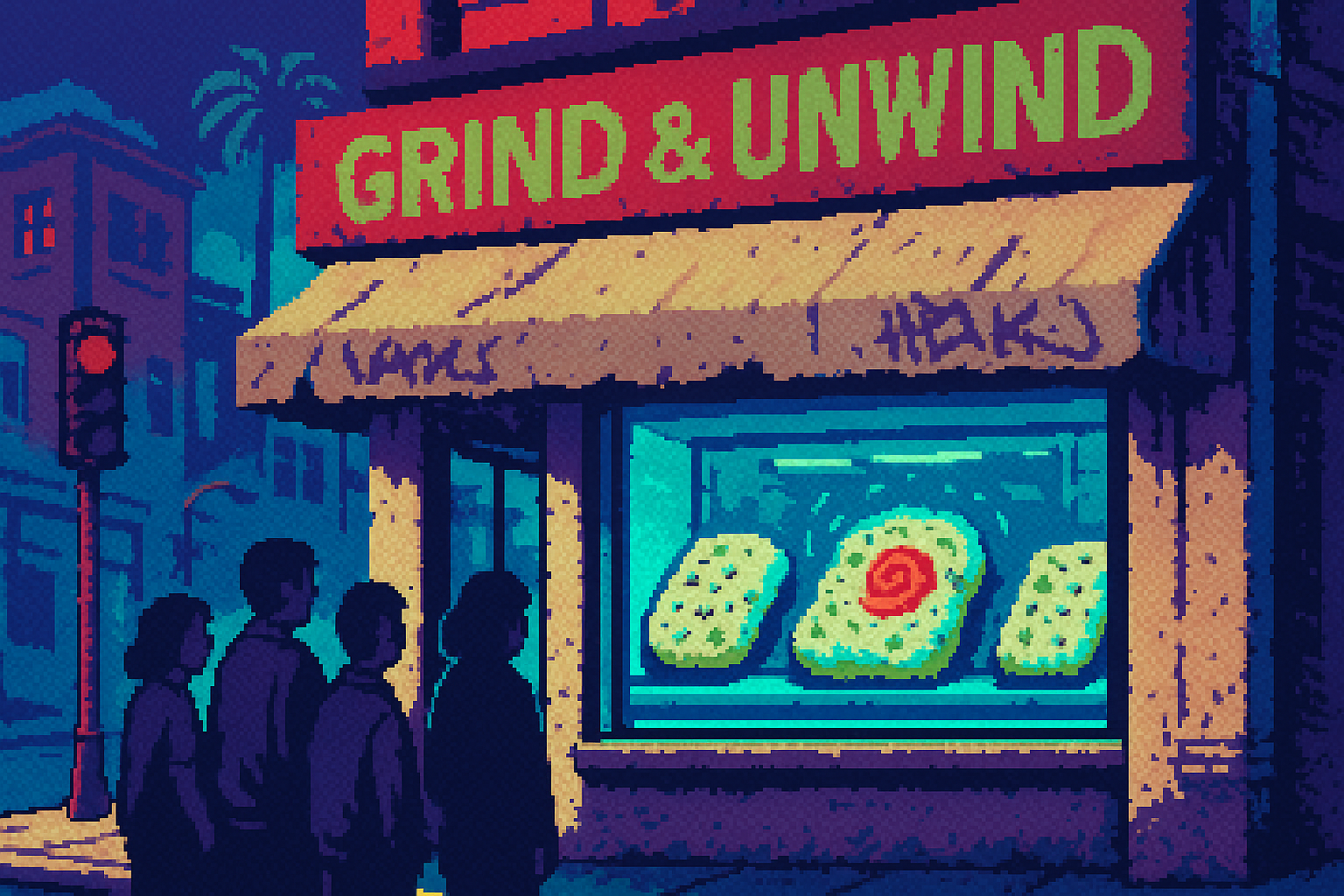 Pixel-art illustration: A bustling San Francisco street corner, where the faded, vandalized awning of Grind & Unwind café droops over a small crowd peering through the window at a display case filled with AI-generated focaccia loaves, one of which inexplicably pulses gently like a slow heartbeat, casting shadows that twitch and shift without any apparent cause.