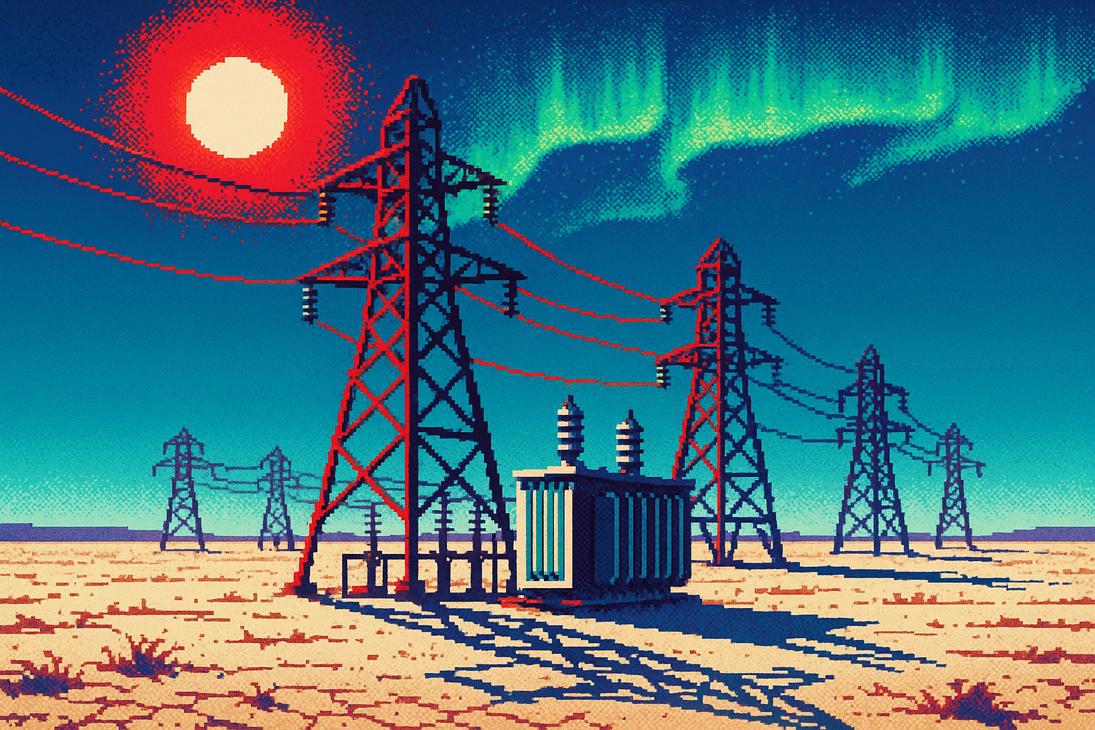 Pixel-art illustration: A sprawling expanse in Texas where the parched earth stretches to the horizon under a searing sun, yet amidst the silence stands a colossal cluster of steel towers and silent transformers, their shadows twisting skyward towards a flickering aurora borealis that dances impossibly across the southern sky.