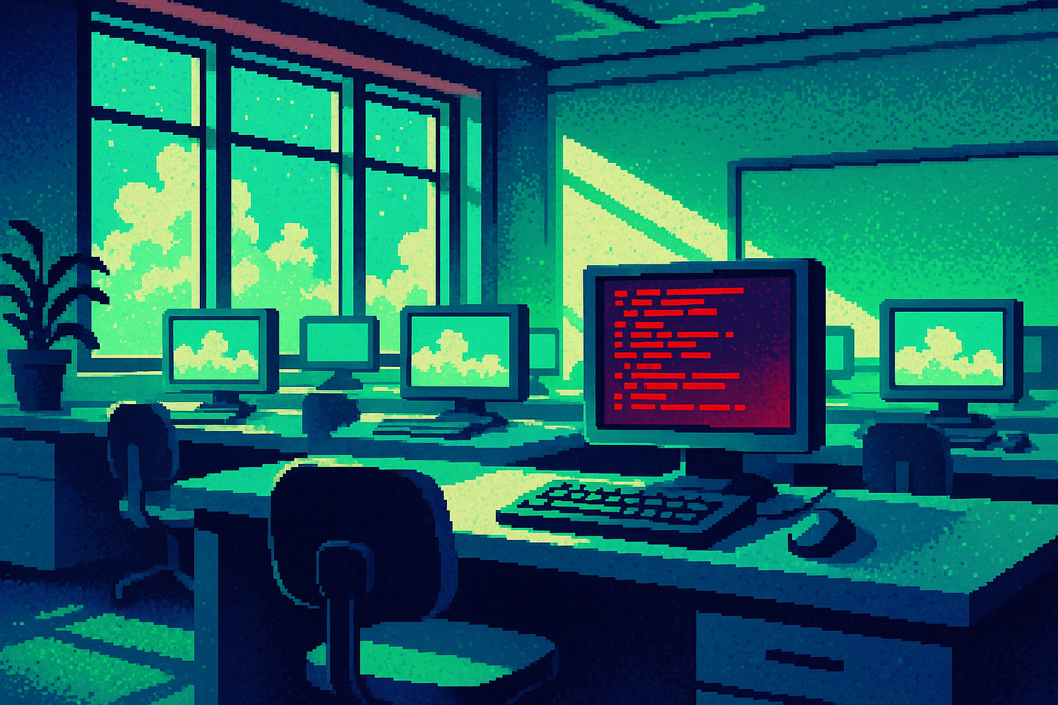 Pixel-art illustration: A sleek, modern office space lies vacant and still, sunlight streaming through its large windows highlighting the dust motes dancing in the air; rows of computers sit untouched, their screens reflecting a serene landscape of clouds—except for one display, which shows endless lines of code scrolling by themselves, guided by an invisible hand.