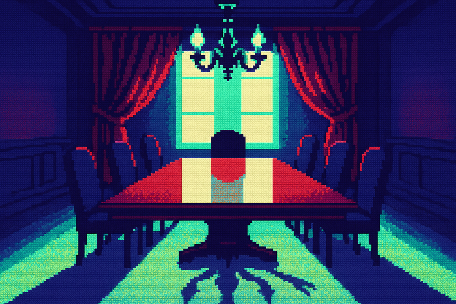 Pixel-art illustration: In the dim, sepia-lit boardroom where the old-money influence seems to seep from the polished mahogany table, plush red velvet drapes hang heavy over windows as if in anticipation of a storm — and yet, unsettlingly, the opulent chandelier casts a fifth shadow, stretching across the floor like a phantom hand reaching for the empty board seats with a grasp no light source could explain.