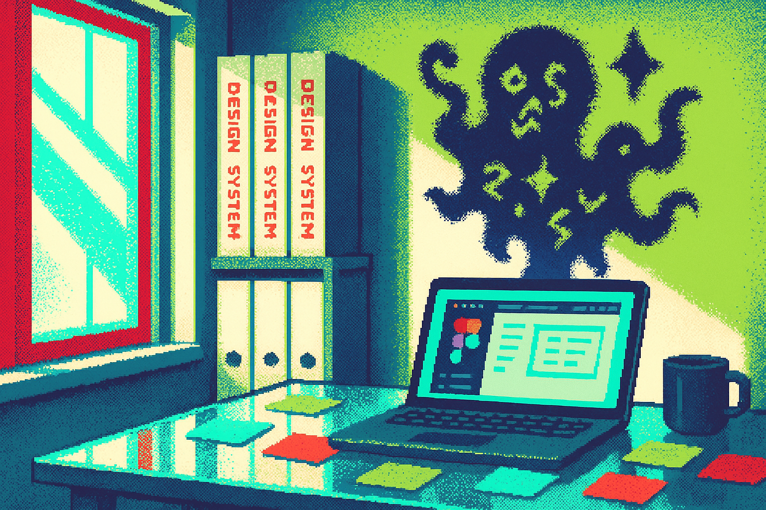 Pixel-art illustration: In a sunlit office with immaculate shelves stacked with design system binders and a glass desk littered with vibrant sticky notes, a sleek laptop displays Figma's interface; beside it, a shadow inexplicably lingers on the wall, disconnected from any object, casting silhouettes of unidentifiable symbols and shapes that swirl and dance like an esoteric code.