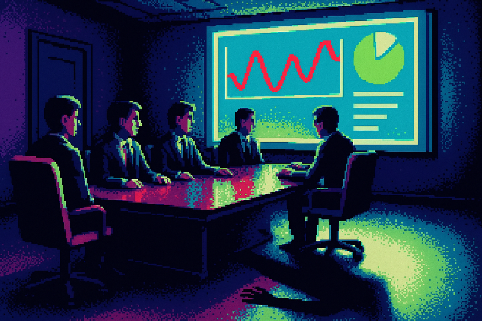 Pixel-art illustration: In a dimly lit boardroom, a group of executives sit idle around a polished wooden table, their eyes glazed over as they stare at a giant digital dashboard projected on the wall—each data point rhythmically pulsing like a heartbeat—while a shadow on the floor moves independently, stretching toward them even as they remain still.