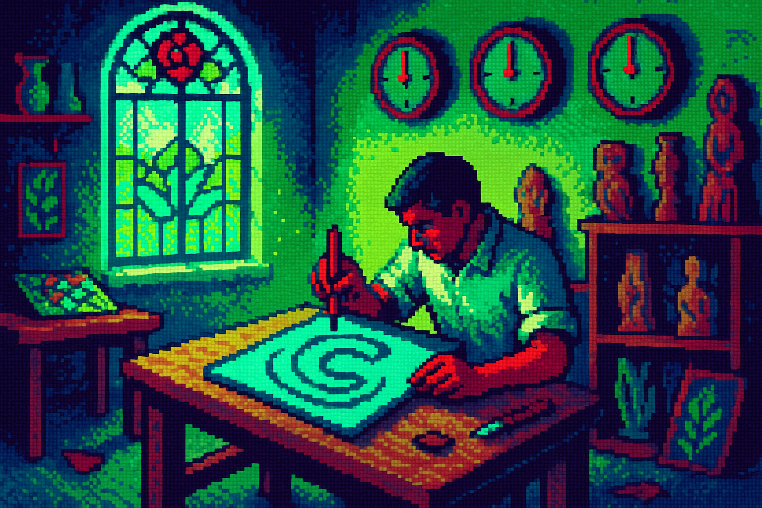 Pixel-art illustration: In a sun-drenched workshop filled with stained glass pieces and wooden carvings, a designer meticulously crafts a prototype of Calendly's new logo—a large "C" with gentle ripples around it—while the sound of softly ticking clocks echoes from the walls, yet the hands never move from noon.