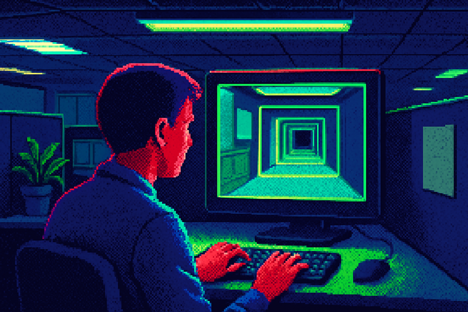 Pixel-art illustration: Under the fluorescent lights of the open-plan office, a junior developer stares at the screen displaying a demo of gleaming interface and smooth transitions; it begins to warp before their eyes, revealing an infinite hallway stretching far beyond the bounds of the monitor, receding into an impossible distance.