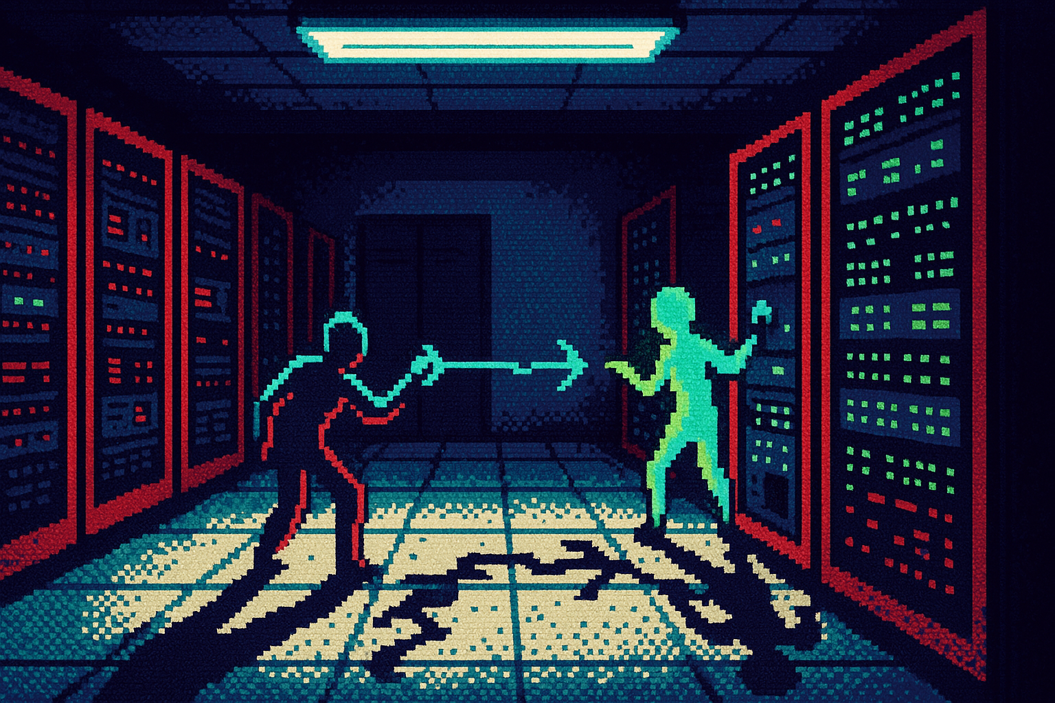 Pixel-art illustration: Under the flickering fluorescent lights of a quiet server room at 3 am, where rows of humming machines cast long shadows, two digital entities engage in an invisible tug-of-war over a single line of code, and the shadow of one machine appears to stretch and multiply, creating an impossible dance on the tiled floor.
