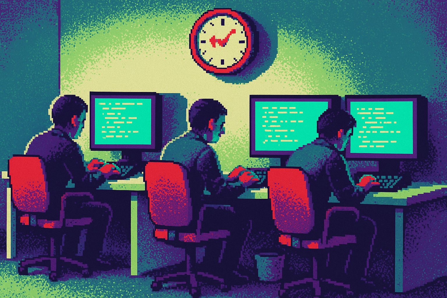 Pixel-art illustration: In a bustling office, developers hunch over their workstations, fingers dancing across keyboards, screens displaying intricate lines of code as a wall clock above ticks backward, counting down time instead of forward.