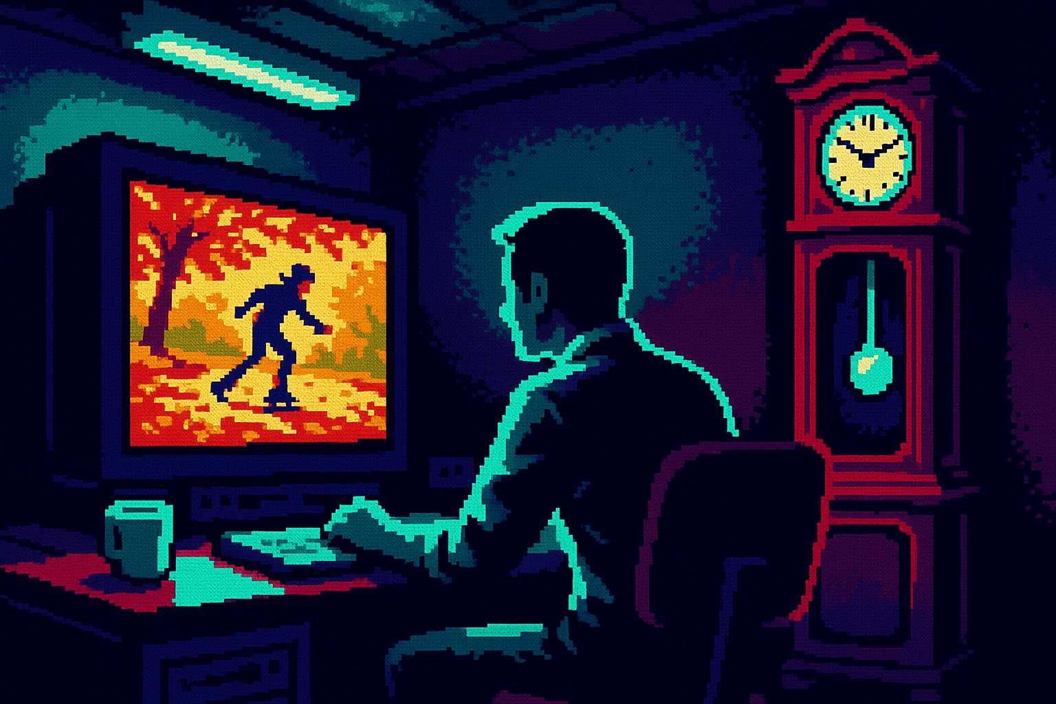 Pixel-art illustration: In a dimly lit editing suite, an editor watches footage of rollerblading through Central Park, the vibrant leaves swirling in golden autumn hues on the screen, as an ancient grandfather clock in the corner ominously ticks backwards, each tock slightly louder than the one before.