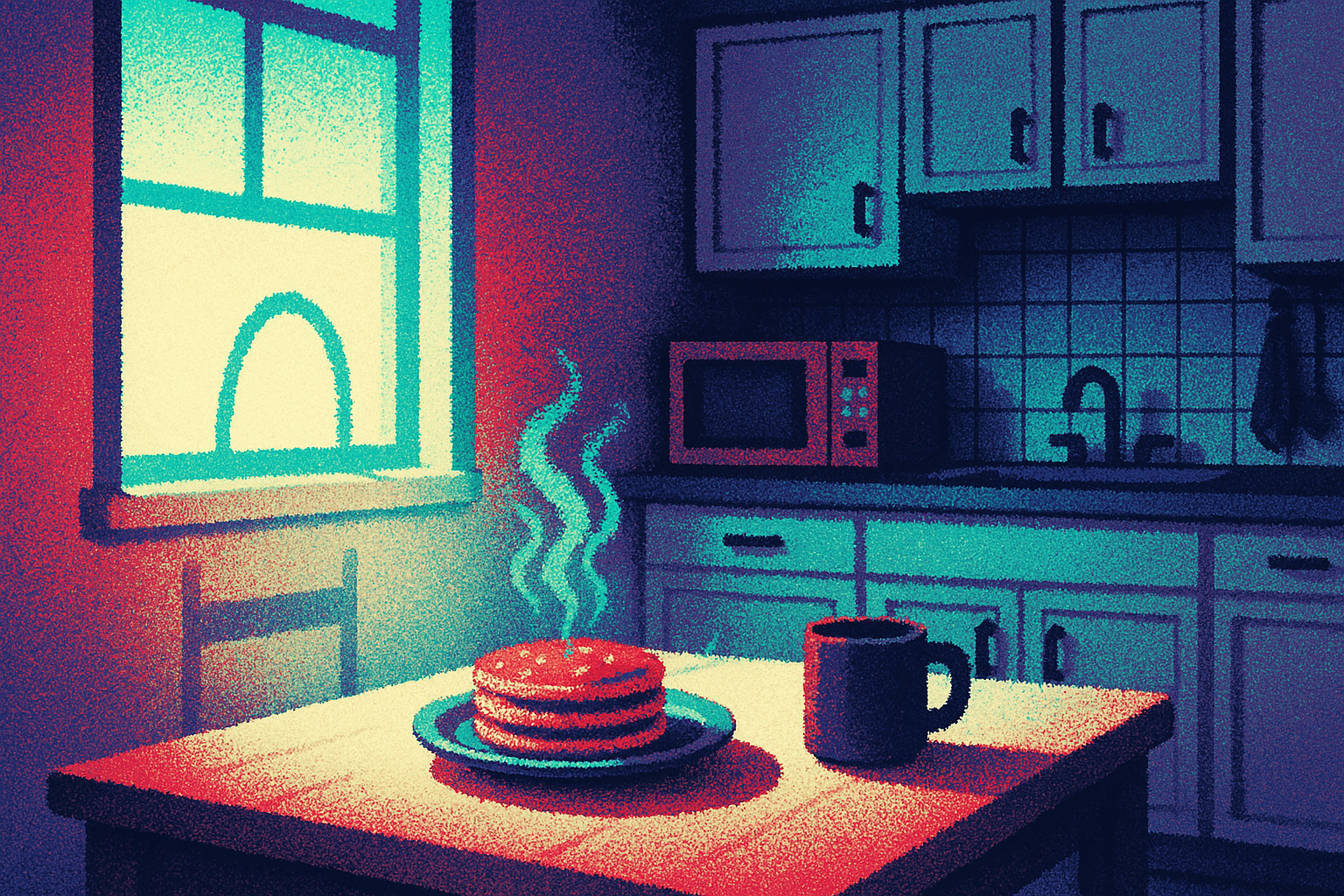 Pixel-art illustration: In a cozy kitchen at dawn, a lone breakfast plate sits on the table, completely set with steaming pancakes ready to eat, but the shadow it casts on the wall is that of an empty, untouched plate.