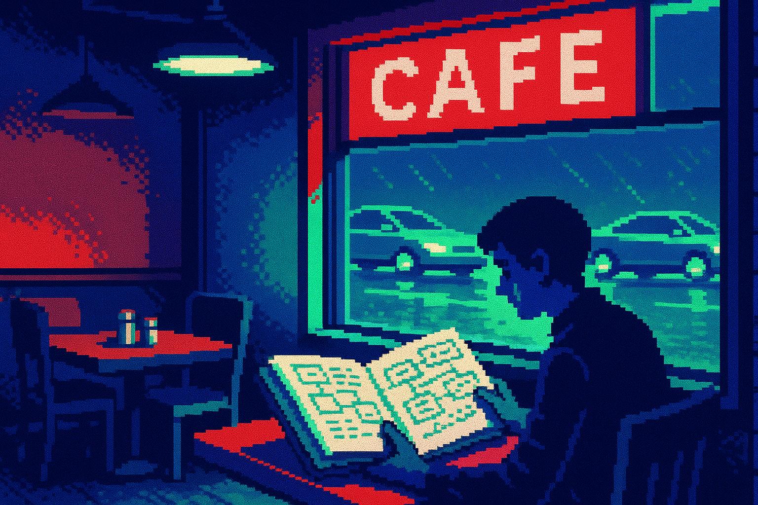 Pixel-art illustration: In the flickering glow of a bustling café at twilight, a lone designer flips through pages of a worn notebook, each crammed with intricate flowcharts and sketches, while outside the window, a seamless line of identical speeding cars rush past, their wheels hovering inches above the ground, leaving no trace on the rain-soaked street below.