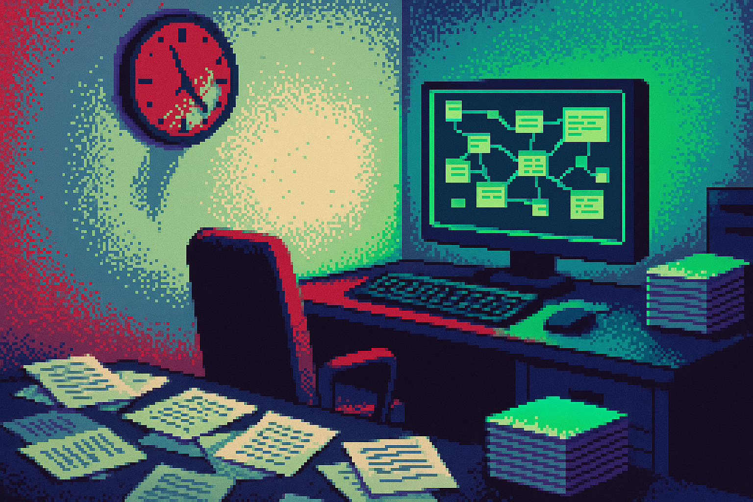 Pixel-art illustration: In Daniel Blum's dimly lit office, the chaos of scattered voice memos and decks transitions into organized stacks as an eerie fluorescent glow emanates from his computer screen, displaying a complex web of interconnected context files, all while the shadow of a clock on the wall moves backward instead of forward.