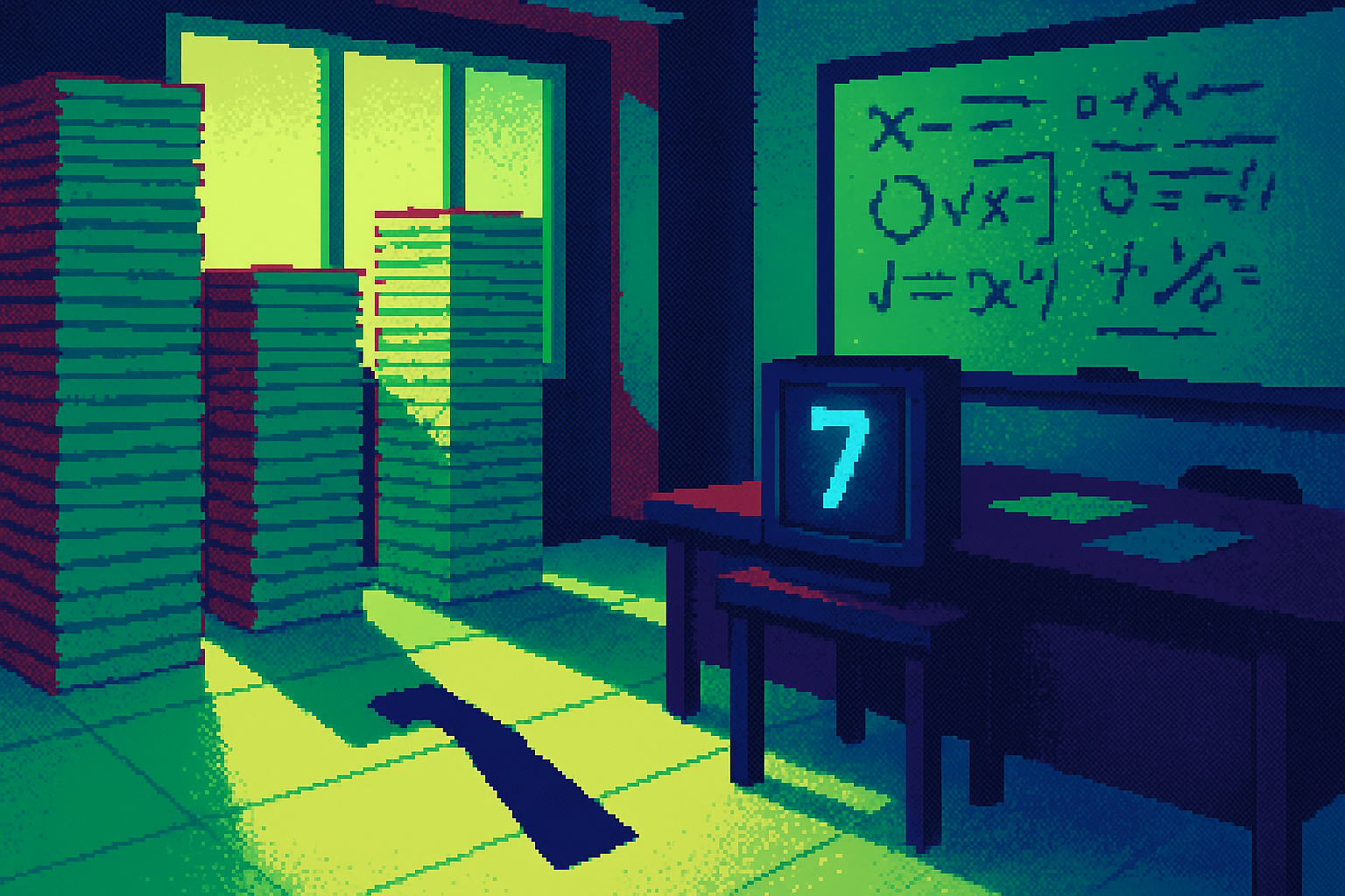 Pixel-art illustration: In a bustling startup office filled with towering stacks of excel spreadsheets and whiteboards covered in abstract equations, a solitary number glows neon blue on a digital display, flickering subtly like a heartbeat, while casting a shadow that stretches ominously across the floor, as though it belongs to something far larger and unseen.