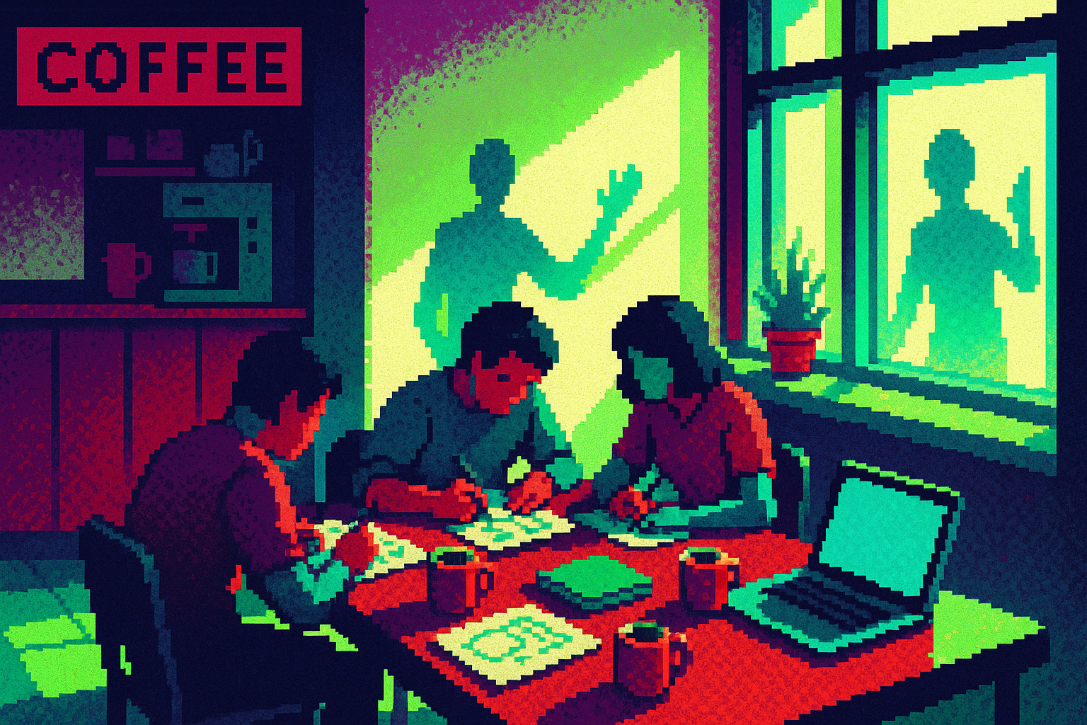 Pixel-art illustration: A bustling coffee shop at midday, light streaming through large windows onto a table cluttered with laptops and notebooks, where a group of designers fervently sketch user flows; yet, amid the vibrant reality, the shadows on the wall dance independently of their creators, performing their own silent ballet.