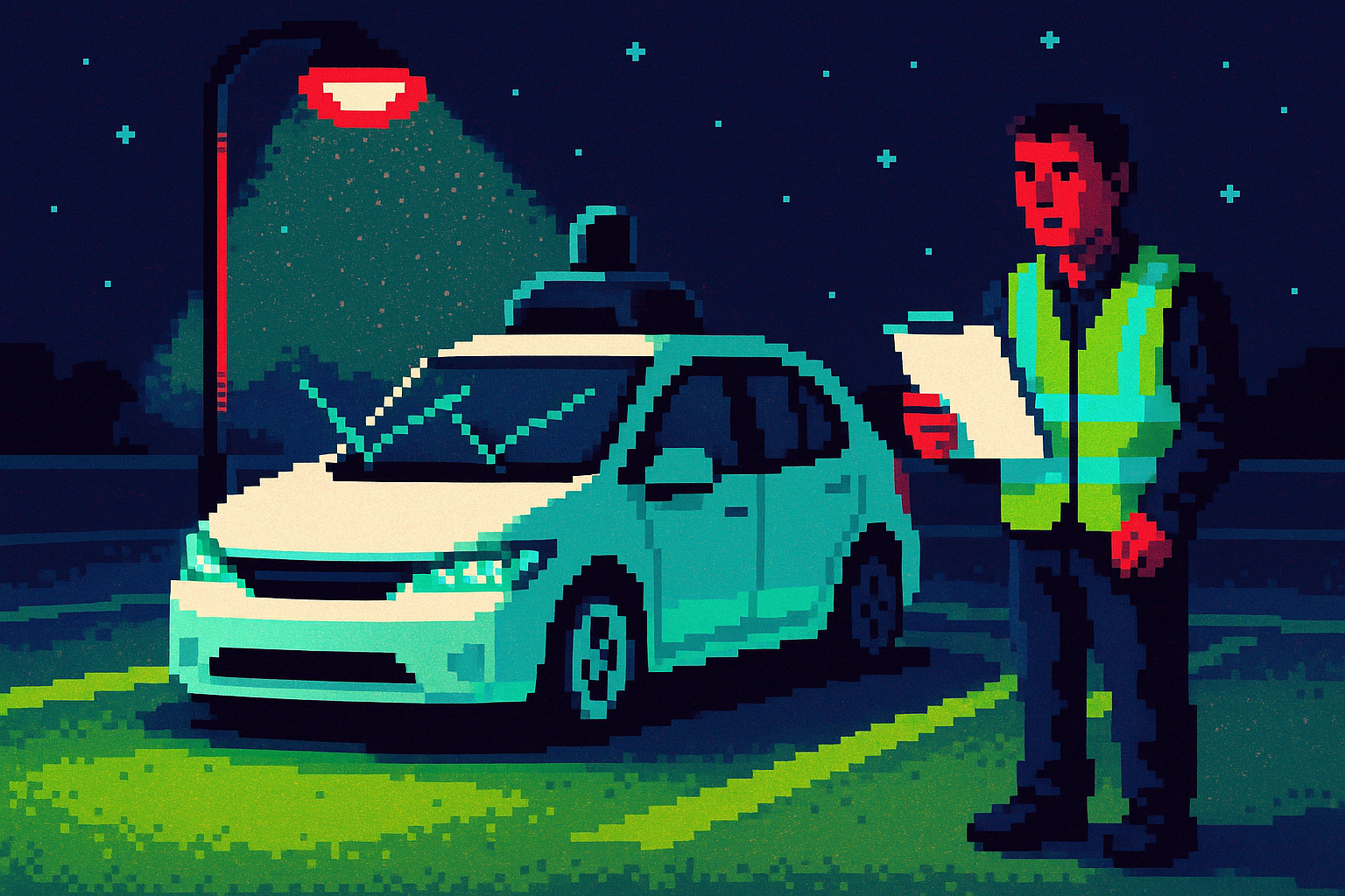 Pixel-art illustration: In the dim glow of a streetlamp, a lone Waymo robotaxi idles in a deserted parking lot, its windshield wipers furiously moving back and forth despite the clear, starry sky above, while an ex-Lyft driver, clad in a fluorescent safety vest, stands by, perplexed, holding a clipboard that somehow has nothing written on it.