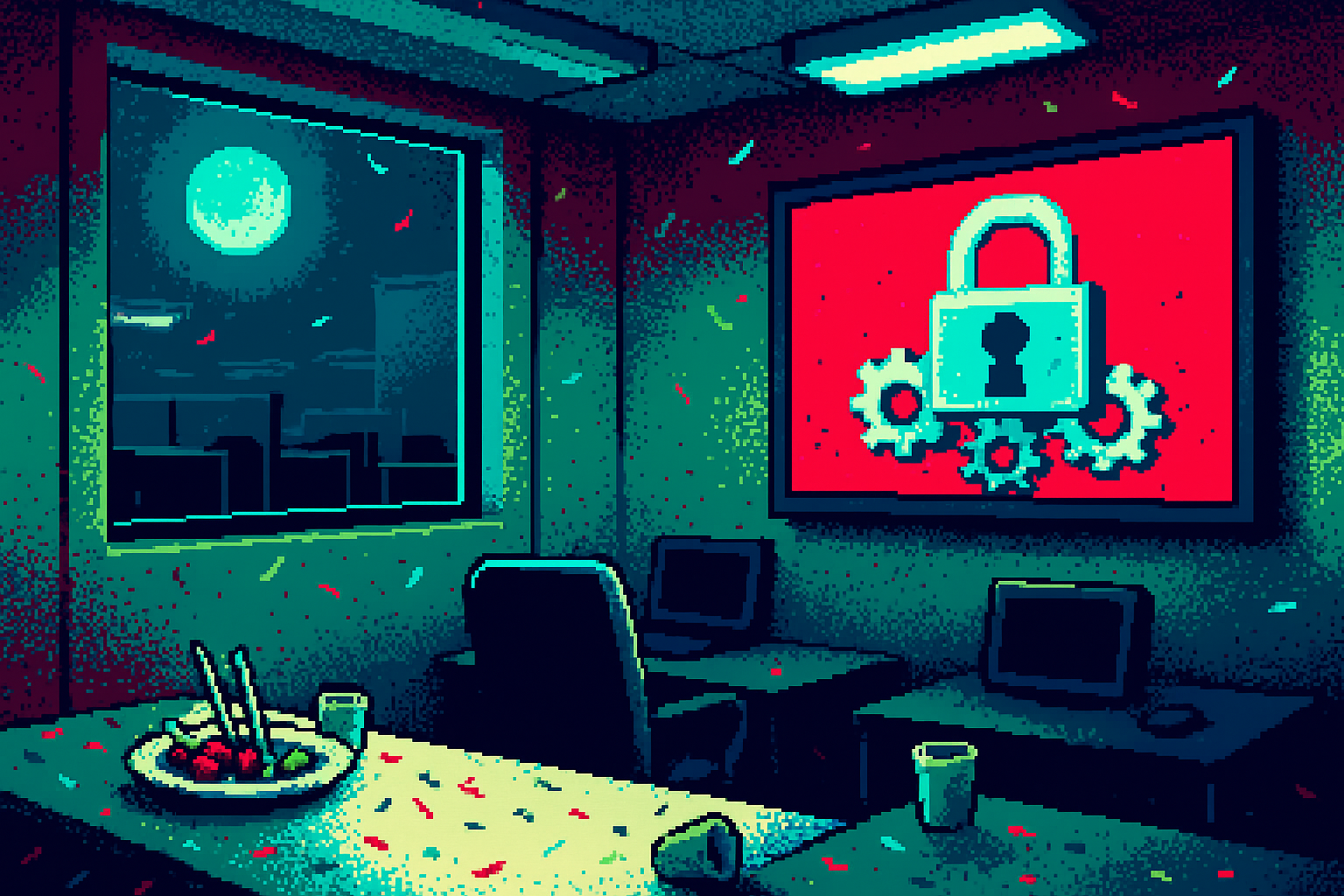 Pixel-art illustration: In a sleek, modern office littered with the remnants of a late-night launch party—half-eaten appetizers, scattered confetti, and flickering fluorescent lights—a digital billboard on the wall ominously displays a locked-out screen with pixelated gears grinding endlessly, and through the office window, a second moon hovers, casting its unsettling blue glow over the abandoned cubicles.