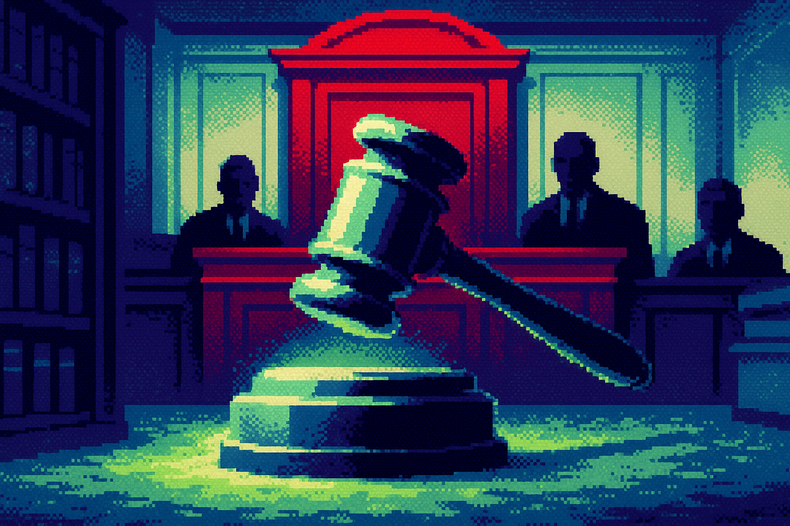 Pixel-art illustration: In a dimly lit courtroom filled with the scent of old books and polished wood, the judge's gavel strikes, resonating with an echo that seems to stretch impossibly, fading much later than it should, as Meta executives sit in stone-faced silence, the distant thrum of their phones now silenced beneath the weight of law.