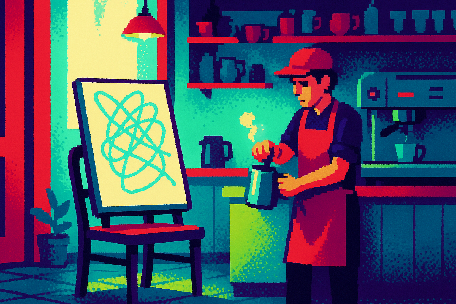 Pixel-art illustration: In a cozy café, the barista froths milk tirelessly while a whiteboard leans precariously against a chair, its markers arranged in chaotic, looping lines that intersect at odd angles, but every few moments, a new line appears on its surface, unbidden and without the touch of a human hand.