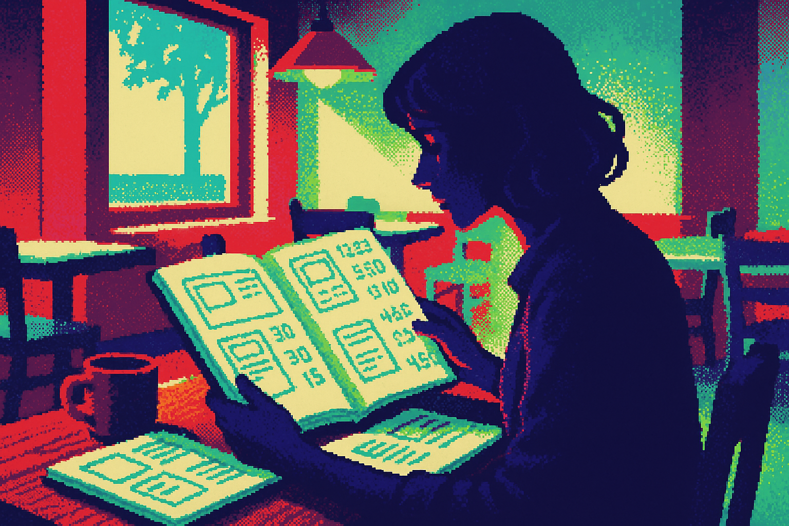 Pixel-art illustration: In the warm glow of a late afternoon cafe, a designer sits surrounded by weathered notebooks filled with sketches; she flips through them, each page revealing intricate designs of sleek interfaces, yet the numbers next to them — activation rates, user retention stats — shift like a kaleidoscope, never settling into permanence as they mesmerize in a dance of success and failure.