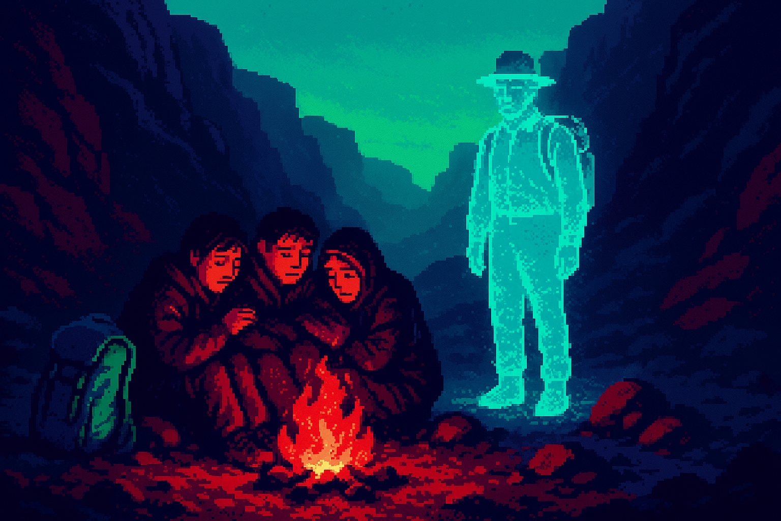 Pixel-art illustration: In the dim pre-dawn light of a remote canyon, three exhausted young hikers huddle together for warmth on the rocky ground, their lightweight backpacks slumped beside them, while a fourth figure—a translucent, shimmering apparition resembling a reassuringly calm mountain guide—hovers silently just beyond the firelight, whose flickering shadows do not seem to reach or affect it.