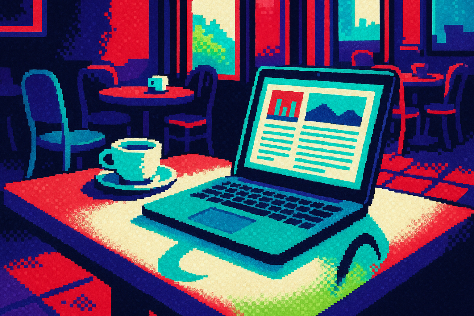 Pixel-art illustration: In a bustling cafe at midday, amidst clinking cups and soft chatter, a laptop screen on the corner table displays a meticulously designed report—each section crisply aligned, images in vivid detail, and text flowing like a well-crafted story, yet the cursor blinks patiently next to a shadow cast by the daylight streaming in through the window, a shadow that inexplicably arches upwards instead of down.