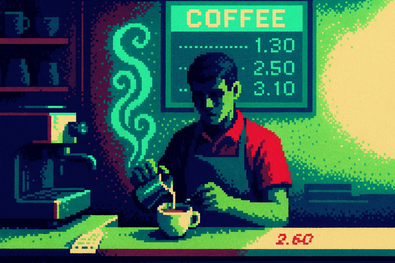 Pixel-art illustration: In a fluorescent-lit coffee shop, the barista carefully crafts a latte, the steam rising in delicate swirls, while the menu board suddenly flickers to display a new price that doesn't match the one on the counter receipt — as if numbers recalibrate in thin air, silently recalculating the cost of each sip.