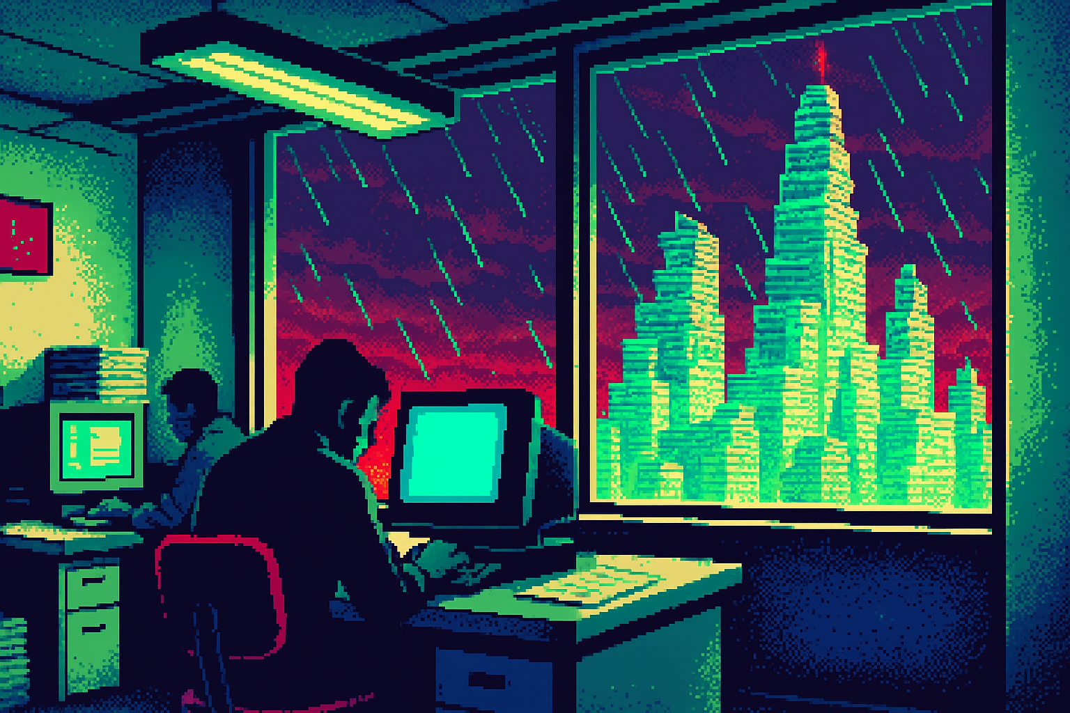 Pixel-art illustration: Amidst a bustling newsroom, journalists hunch over computer screens glowing with articles fresh off the press, but outside the wide, rain-streaked window, a second world looms—a towering, glimmering cityscape made entirely from stacks of newspapers and glossy magazines, reaching impossibly into a swirling, dusk-purple sky.