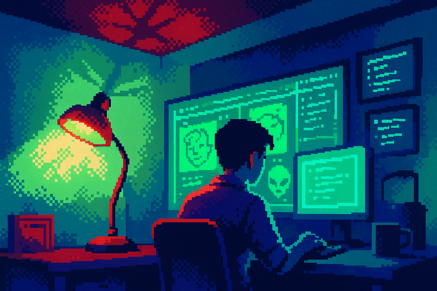 Pixel-art illustration: In a bustling design studio, where vibrant sketches overlap on a sprawling digital board, Ayon stands surrounded by holographic screens that flicker and update with each line of code he tweaks, but despite the room's lively buzz, a single desk lamp bizarrely casts its shadow upwards onto the ceiling, defying the rules of light.