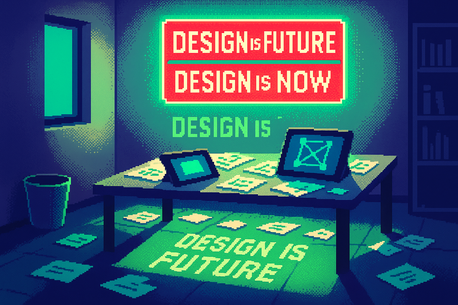 Pixel-art illustration: In a sleek, modern studio scattered with design blueprints and digital tablets buzzing with activity, a neon sign on the wall flickers unnervingly between "DESIGN IS FUTURE" and "DESIGN IS NOW," casting an odd shimmer that momentarily splits into two separate shadows on the floor.