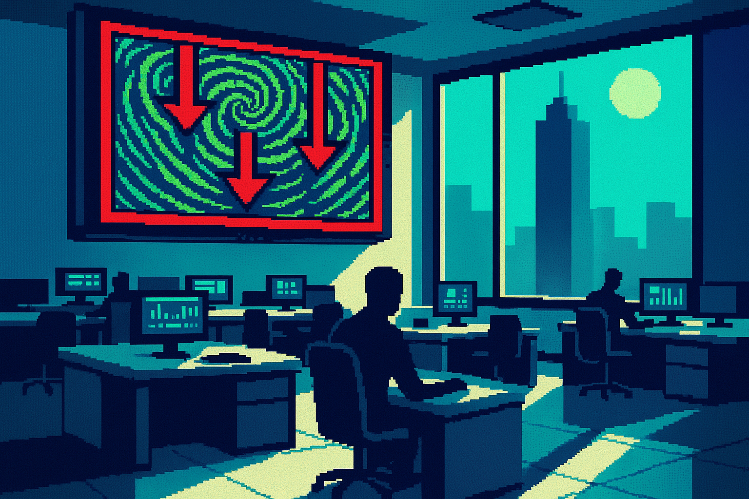 Pixel-art illustration: A sleek and modern trading floor, bustling with muted whispers and the delicate clatter of keyboards, is frozen in a moment of tension as a digital display above flickers erratically, showing impossible figures and symbols that swirl and warp like an optical illusion, while the shadow of the towering skyscraper outside stretches in a direction opposite to the sun's position in the sky.