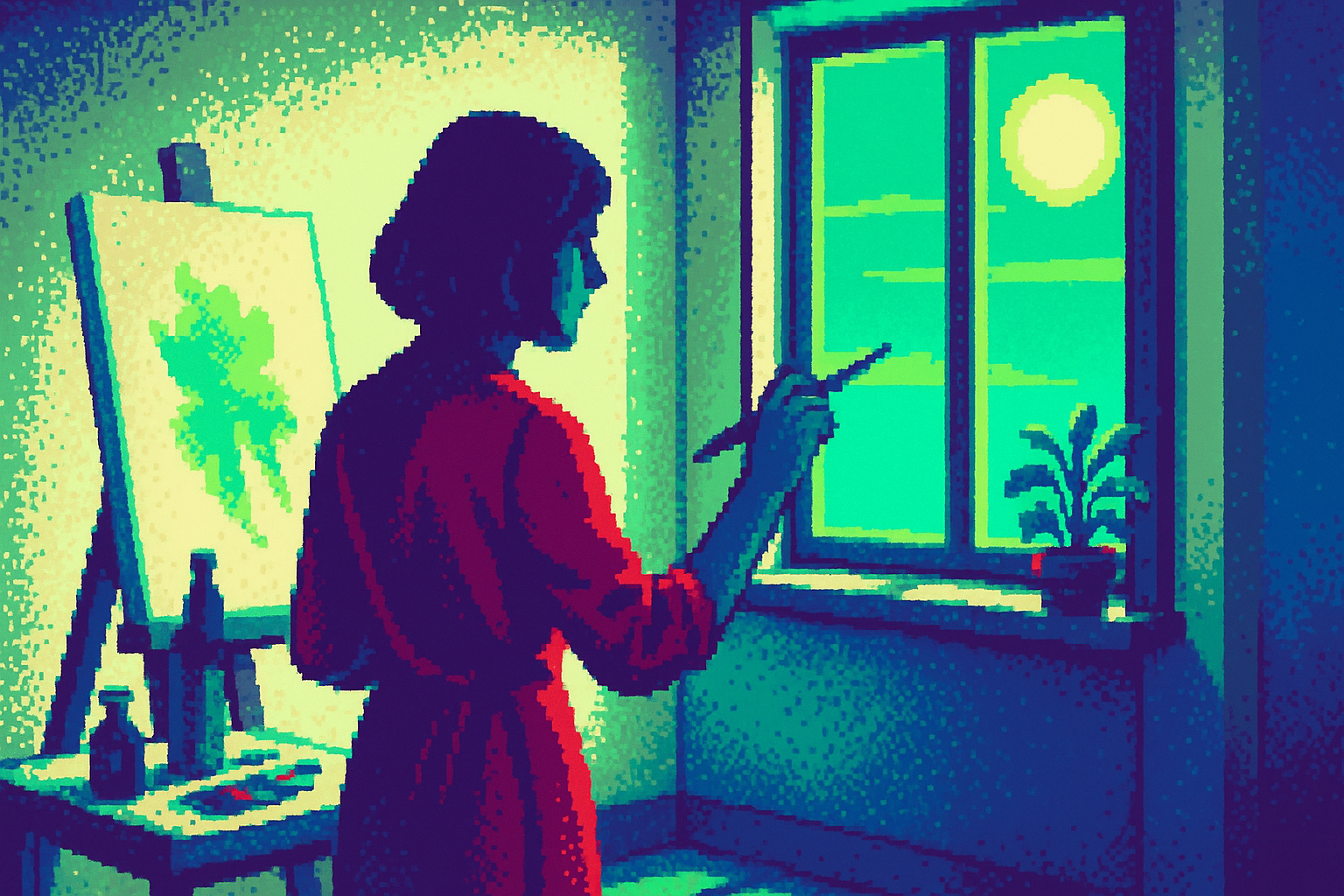 Pixel-art illustration: In a sunlit atelier, the air thick with the scent of turpentine, Sarah Martinon stands before a canvas, her brush flicking deftly across its surface, while through the window, a second sun hangs low in the sky, casting elongated shadows that wrap around her like a whispered secret.