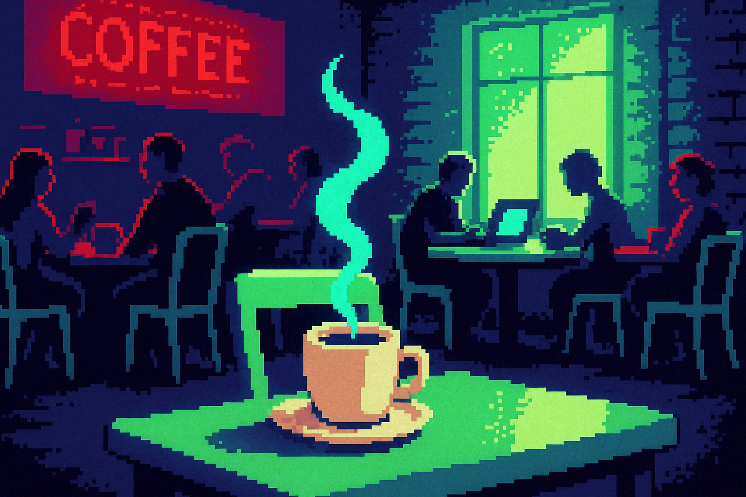 Pixel-art illustration: In a bustling coffee shop filled with customers lounging over steaming mugs — each seat occupied by regulars lost in conversation or lone patrons peering into glowing laptops — one solitary chair holds a piping hot coffee, its steam curling into the air, yet remains utterly vacant as if waiting for someone who never arrives.
