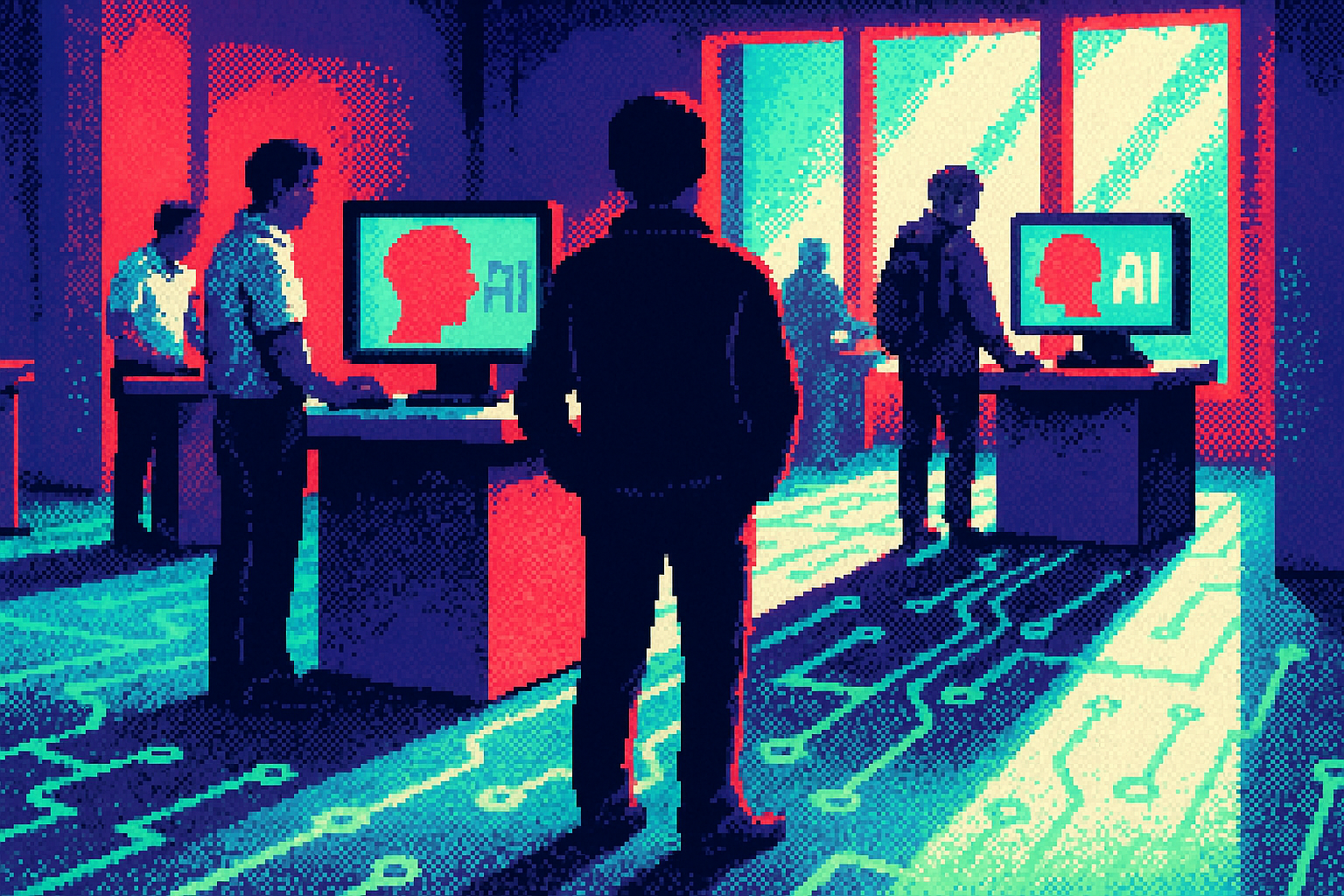Pixel-art illustration: In a bustling tech conference hall, engineers hover around demo stations displaying AI models on screens, but the room feels subtly off as the light streaming through the windows illuminates circuit patterns in the shadows beneath their feet.
