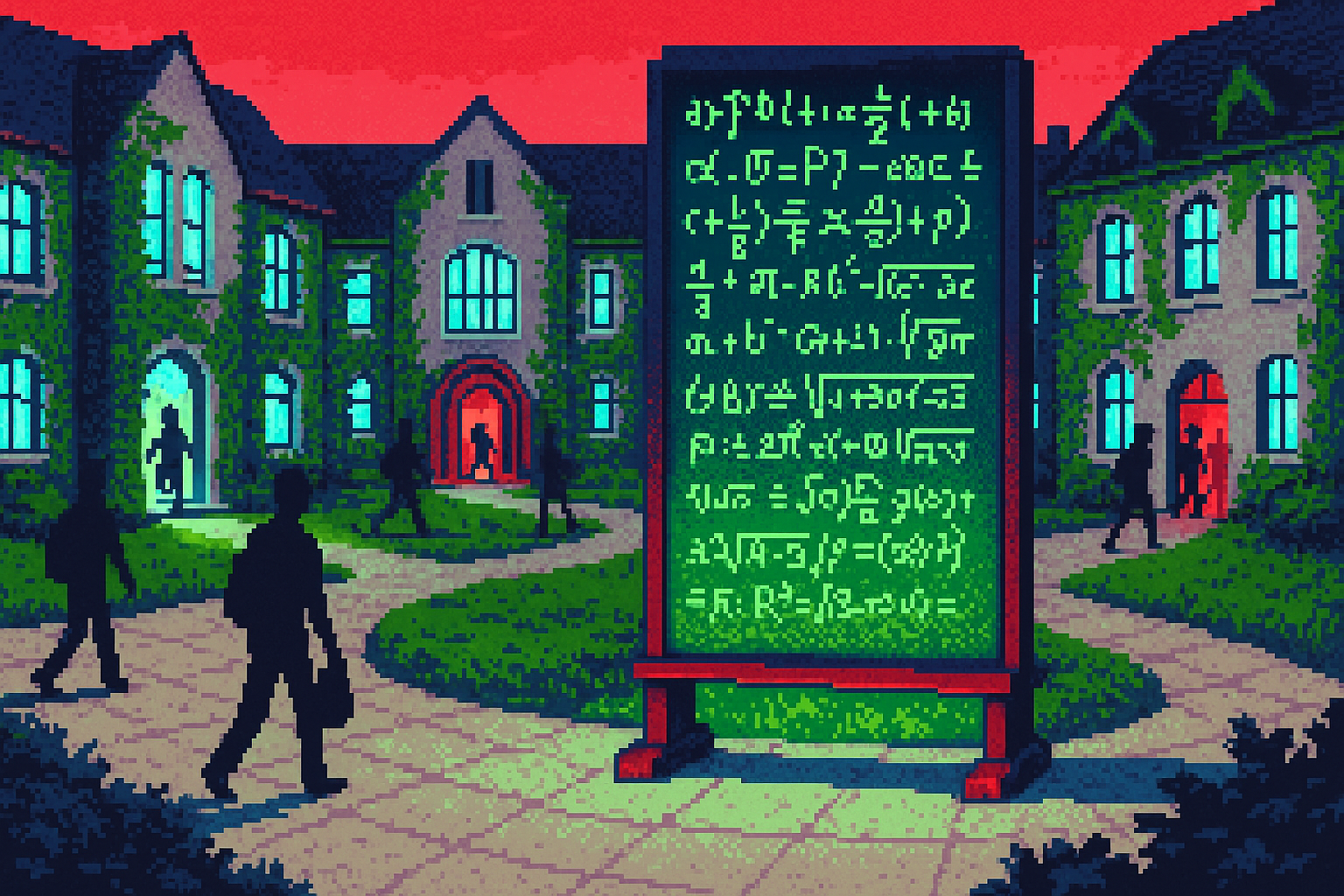 Pixel-art illustration: A sprawling university campus at dusk, with a maze of ivy-covered buildings and students bustling between them; in the center, a stone courtyard dominated by a single towering chalkboard filled with intricate, swirling mathematical equations that inexplicably rearrange themselves like sentences of a living language spoken by no one there.
