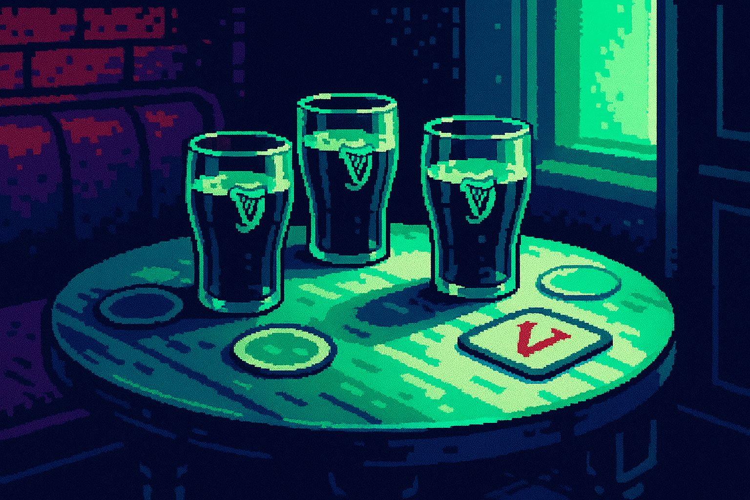Pixel-art illustration: In the dimly lit corner of a bustling Dublin pub, a worn wooden table holds an array of half-empty pint glasses with the Guinness harp subtly embossed on each one, and among the table's scattered coasters, one rests upside down, showing the letter "V," but its reflection underneath reads "L" instead.
