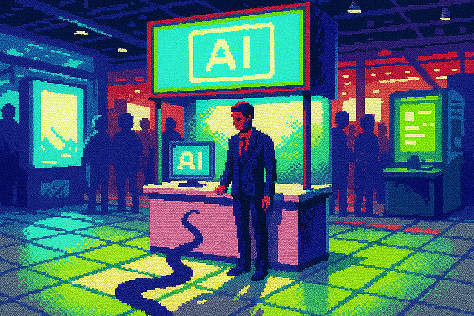 Pixel-art illustration: In a bustling tech expo hall filled with the hum of excited conversation and glowing screens showcasing the latest innovations, an AI demo booth stands out — not for its cutting-edge display, but because the booth operator's shadow, cast sharply on the floor by the overhead lights, stirs restlessly on its own, curling and twisting in a slow, serpentine motion that goes unnoticed by the crowd.