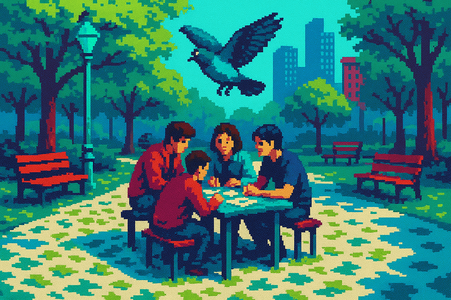Pixel-art illustration: In a bustling city park, where the blanket of leaves paints a vibrant mosaic on the walking path, a group of design team members huddle around a small table strewn with paper prototypes, their faces lit with focused enthusiasm, as a lone pigeon suspended mid-flap hangs eerily above their heads, caught in an endless moment like a paused frame in a movie.