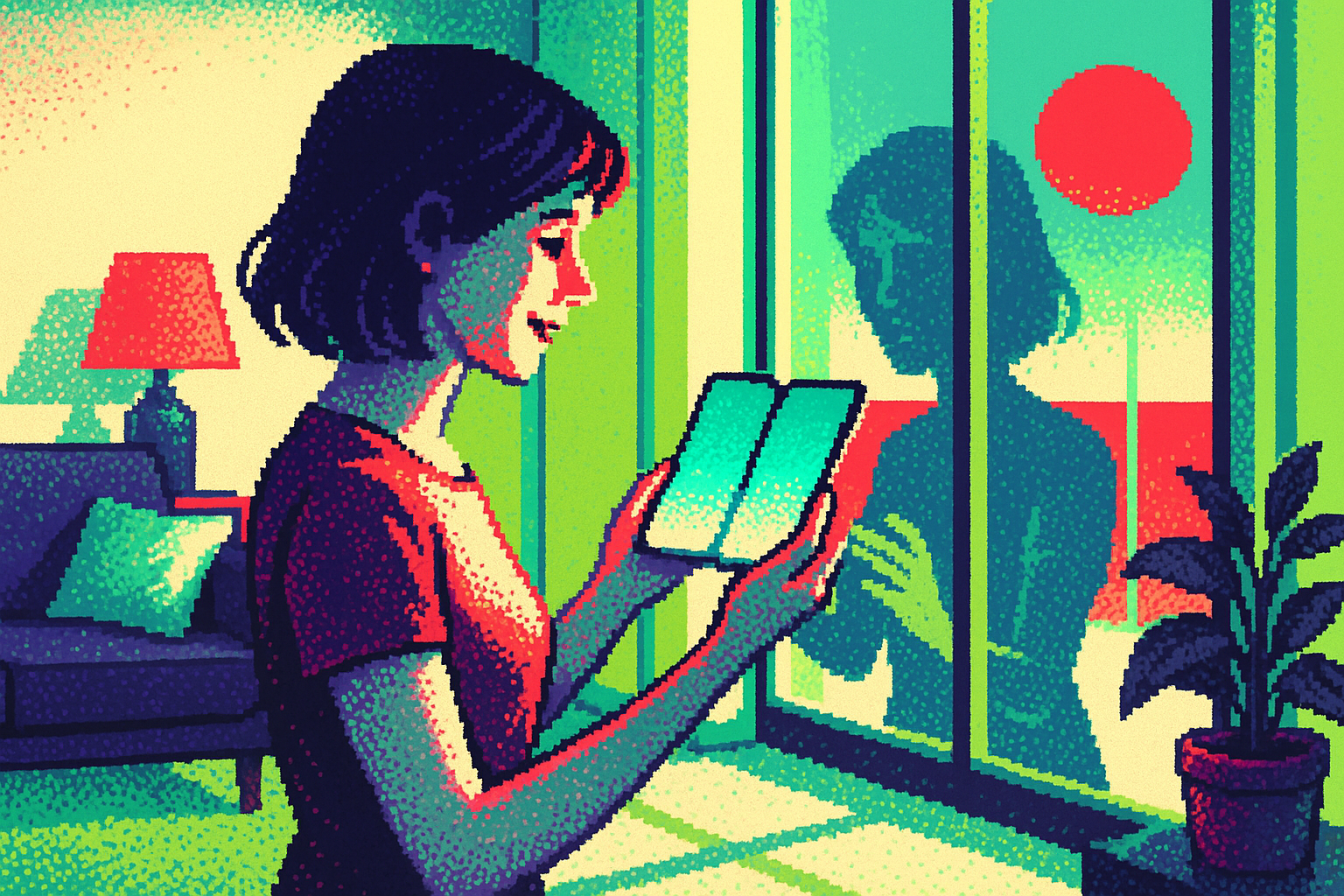 Pixel-art illustration: In a sleek, minimalist living room where the sun streams through floor-to-ceiling windows, a woman holds the iPhone Duo in her hands, delightedly watching it unfold like a blossoming flower, its expansive screen capturing the sunlight, but just beyond her reflection in the glass, a second, ghostly silhouette mimics her every move with a split-second delay.