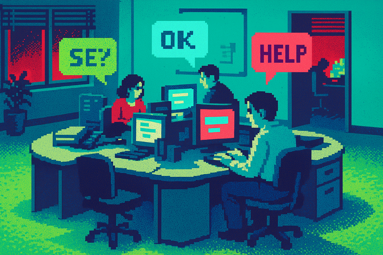 Pixel-art illustration: In a modern office's open-plan layout, where a group of mismatched desks form a half-circle like a hastily arranged barricade, employees go about their tasks while ignoring one another, as floating screens display messages that hover like speech bubbles above their heads — none of the messages matching the conversations nearby.