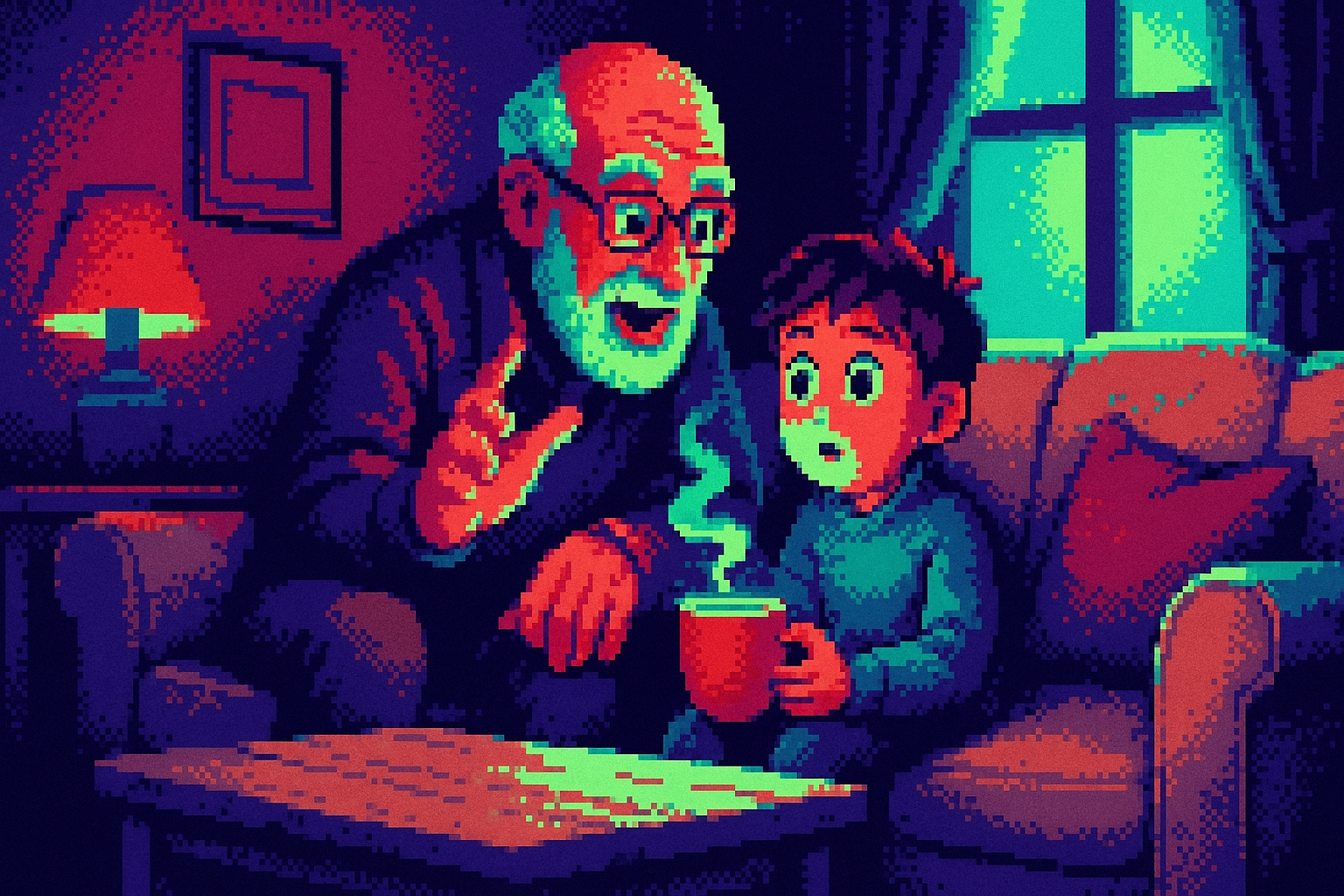 Pixel-art illustration: In a cozy, dimly-lit living room adorned with comfy sofas and a wooden coffee table, a grandfather leans in close, animatedly sharing a tale with his wide-eyed grandson, who clutches a steaming mug of cocoa that seems to hover just above his hands, untouched by gravity.